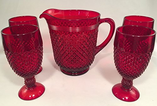 Premium Mosser Glass USA Addison Pattern Glass Water Pitcher Set - 5 Piece Set in Vibrant Red - Handcrafted in USA - Perfect for Iced Tea, Lemonade & Entertaining Guests