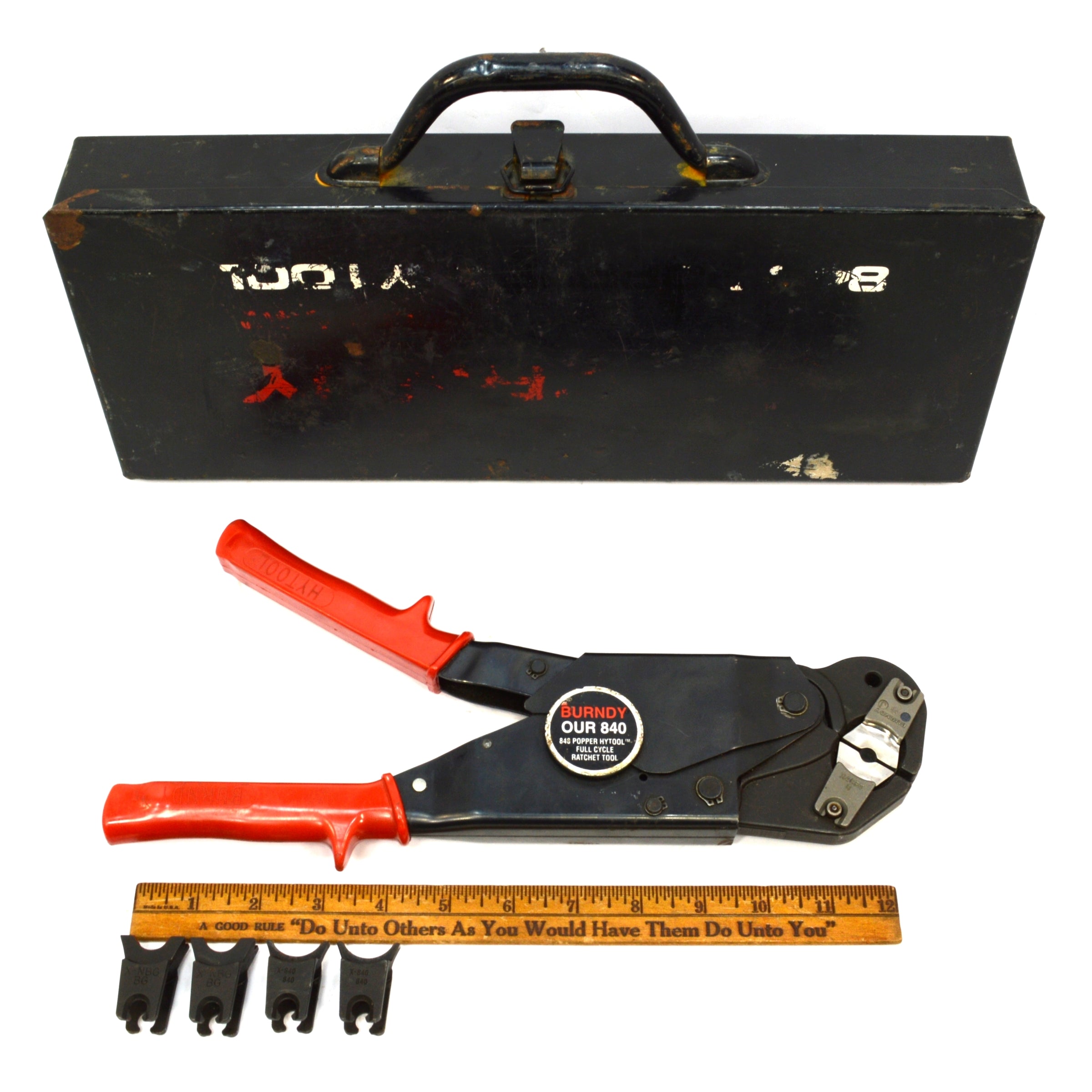 BURNDY OUR840 HYTOOL Ratchet Crimping Tool with (3) Die Sets - Used in Excellent Condition - Perfect for Electrical Wiring and Cable Terminations