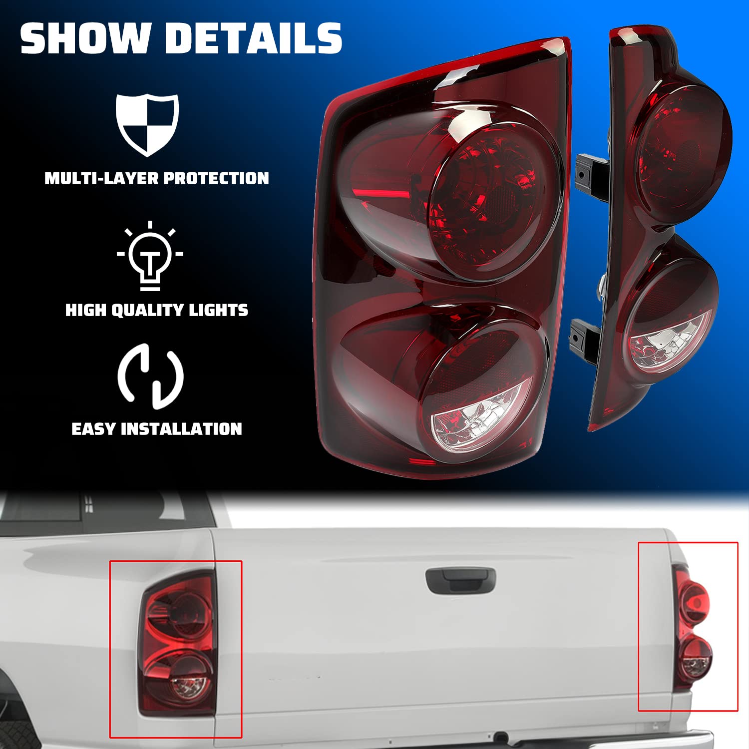 HECASA Pair of LED Tail Lights Compatible with 2007-2009 Dodge Ram 1500/2500/3500 Pickup Truck - Replacement for 55277303AB, CH2800165, 55277302AB, CH2801165 - Durable & Weatherproof Taillight Assembly for Enhanced Nighttime Safety & Style