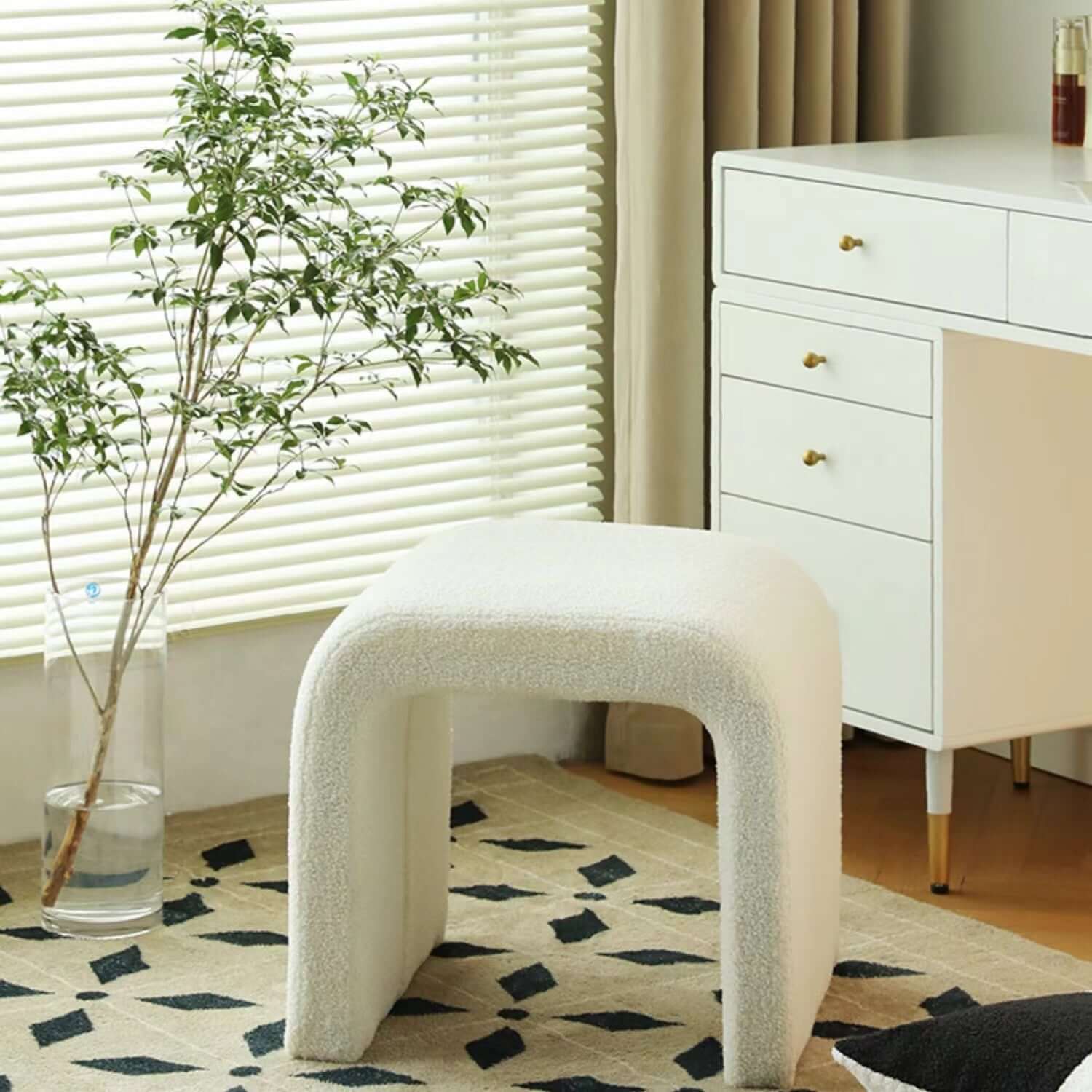 White Boucle Sherpa Vanity Stool Without Back - Upholstered Accent Chair for Bedroom, Living Room & Dressing Area - Soft Boucle Fabric with Cozy Sherpa Padding - Modern Vanity Seat for Makeup, Reading & Relaxing