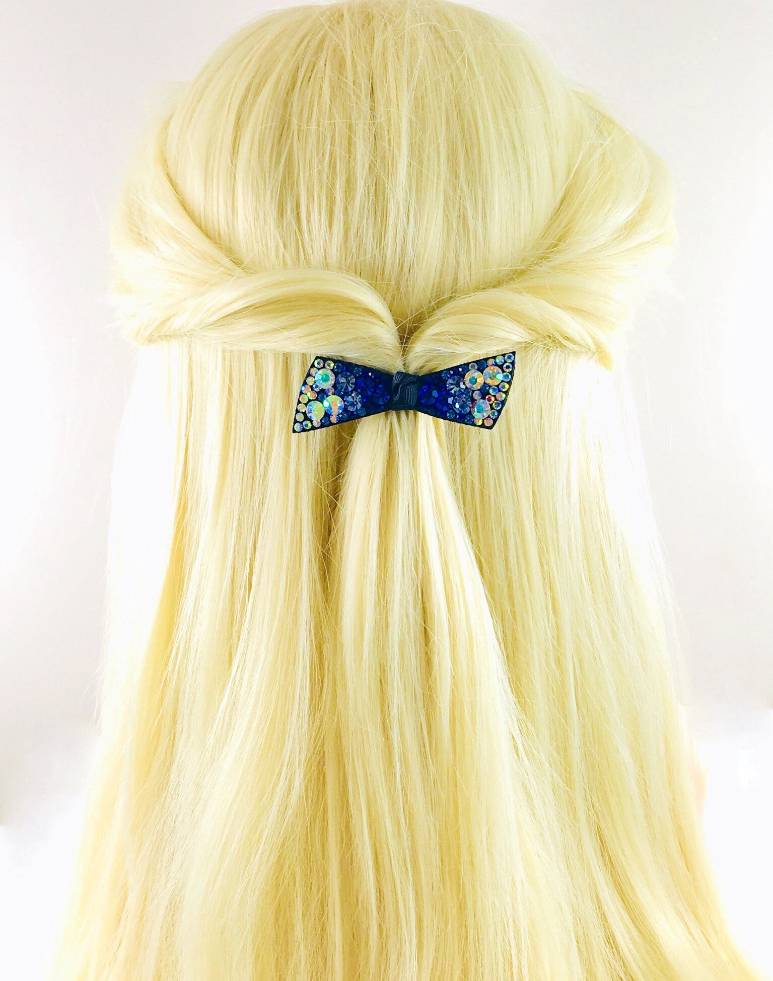Elegant Swarovski Crystal Bow Knot Hair Clip - Acrylic Black Base with Royal Blue AB Finish | Perfect for Weddings, Prom, Parties & Special Occasions