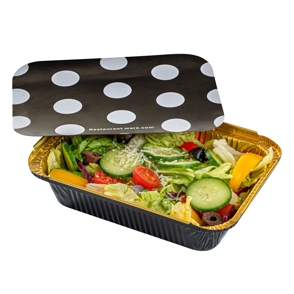16 oz Black & Gold Aluminum Takeout Containers with Polka Dot Paper Lids - 7.25