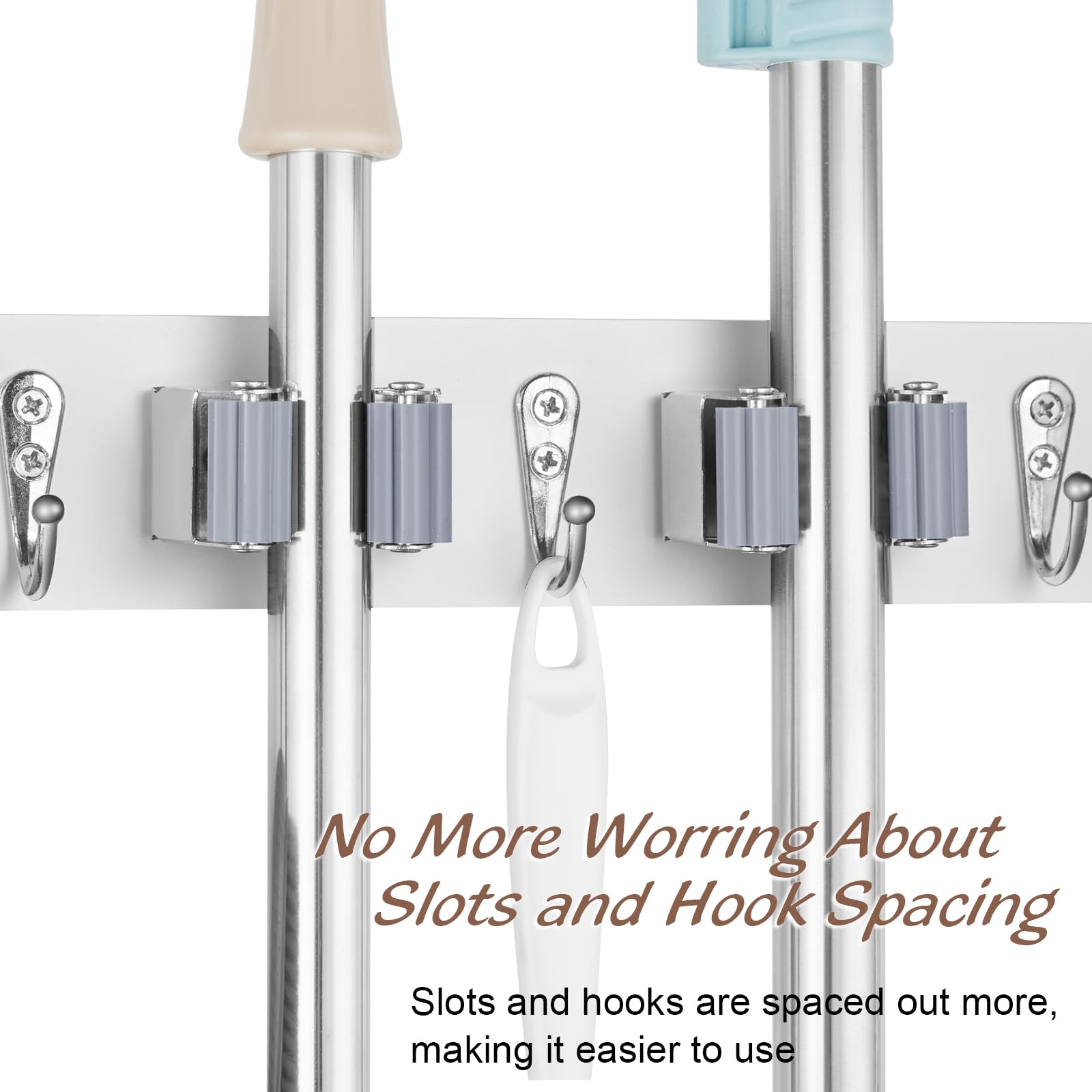 OUTNILI White Wall Mount Mop Broom Holder with 4 Slots & 4 Hooks - Heavy Duty Wooden Broom Mop Hanger for Pantry, Closet & Laundry Room Organization - Garden Tool Organizer - White Kitchen Decor for Home Cleaning & Storage Solutions