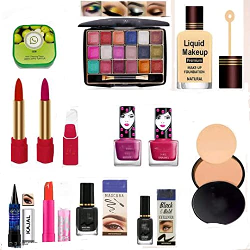 Milan'o Beauty Eyeshadow Palette, Tissue Foundation, 2 Random Shade Lipsticks, 2 Random Shade Nail Paints, Kajal, Lip Balm, Eyeliner, Mascara & Compact Makeup Set - Perfect for Travel, Parties & Everyday Glam