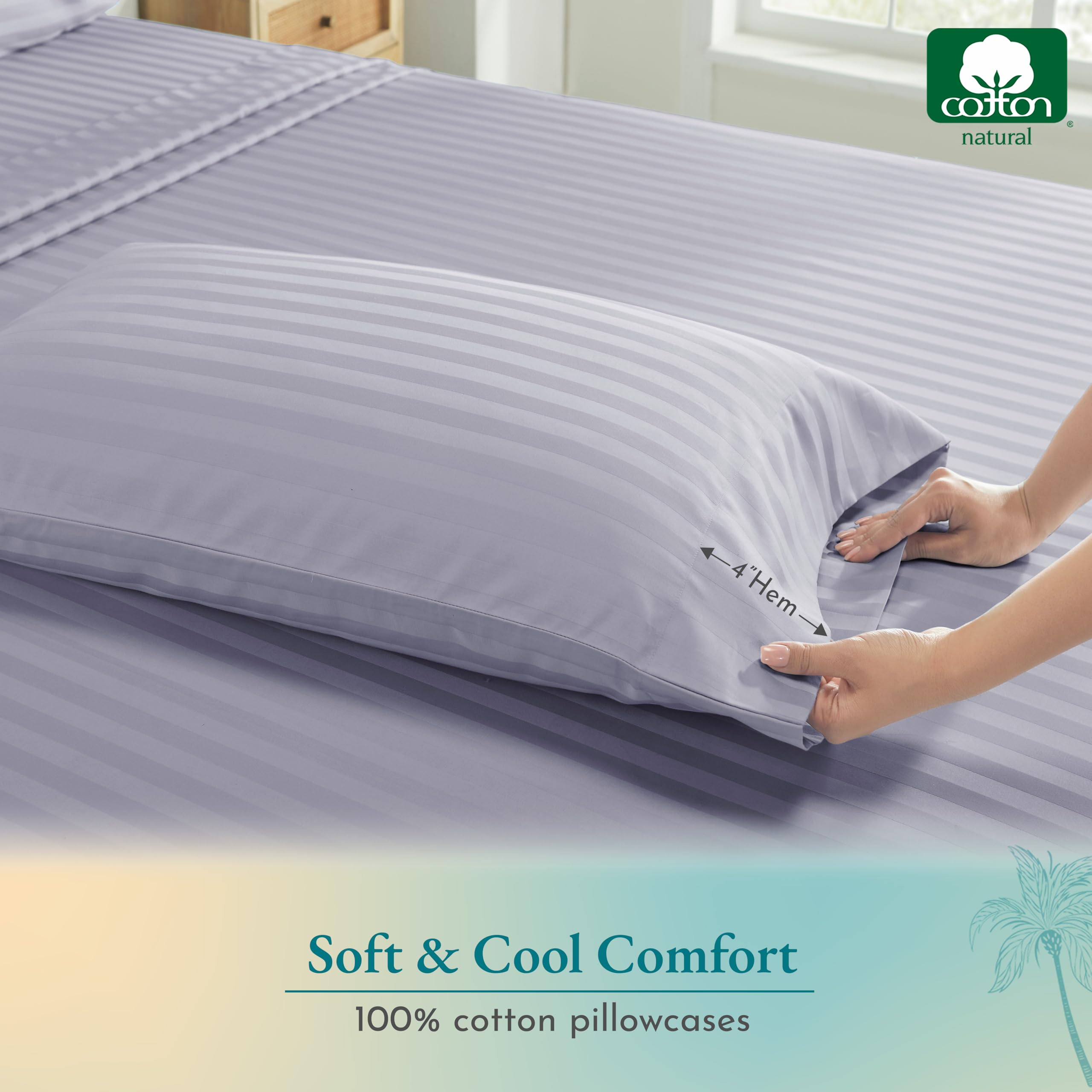 Soft & Silky 500TC 100% Cotton Pillowcases Set of 2 - Standard/Queen Size for Cool Sleep (Damask Stripe Lavender)