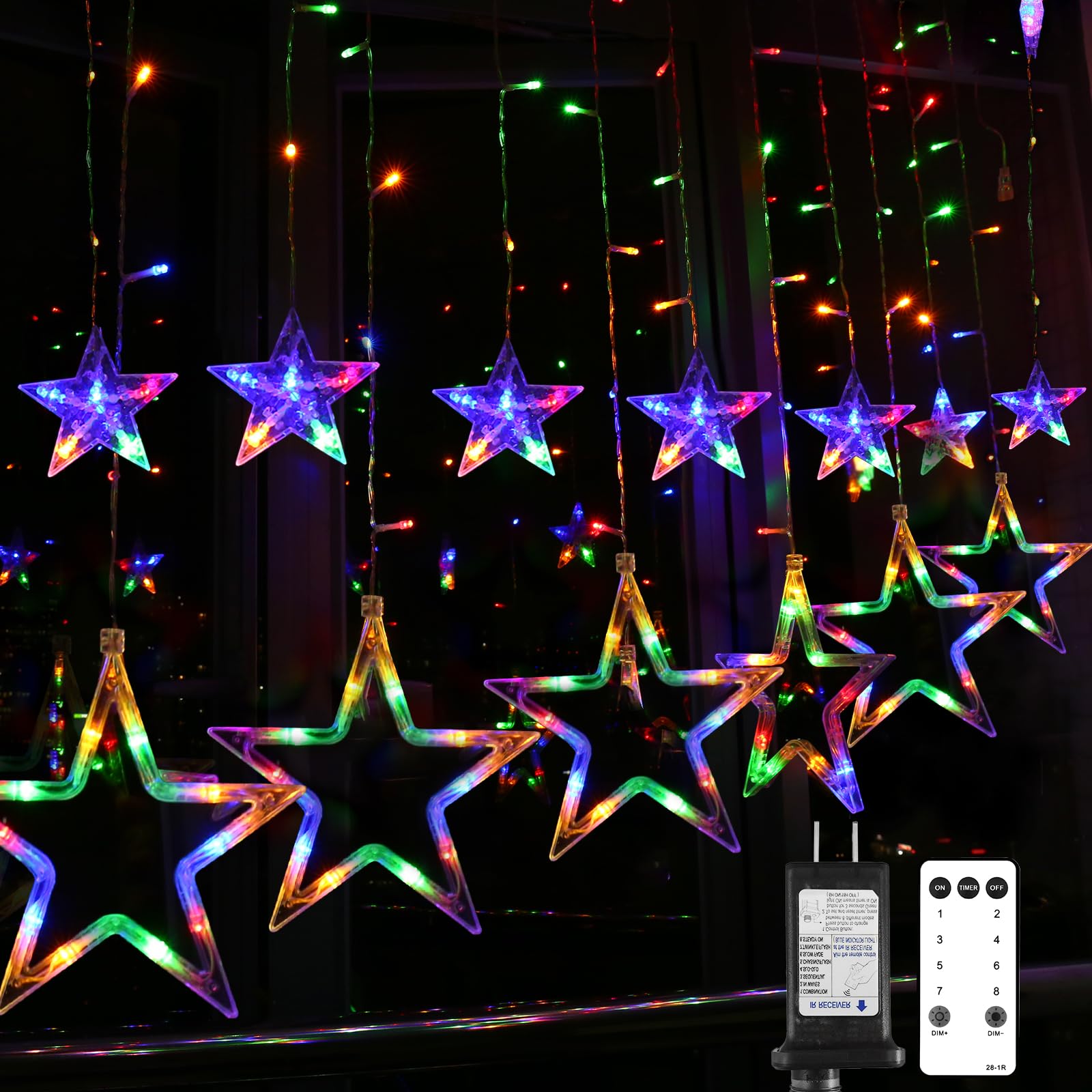 Blingstar 138 LED 12 Star Connectable Curtain String Lights - 8.2 Ft Multicolor Christmas & Ramadan Decor with Remote - Perfect for Bedroom, Window, Indoor & Outdoor Holiday Lighting