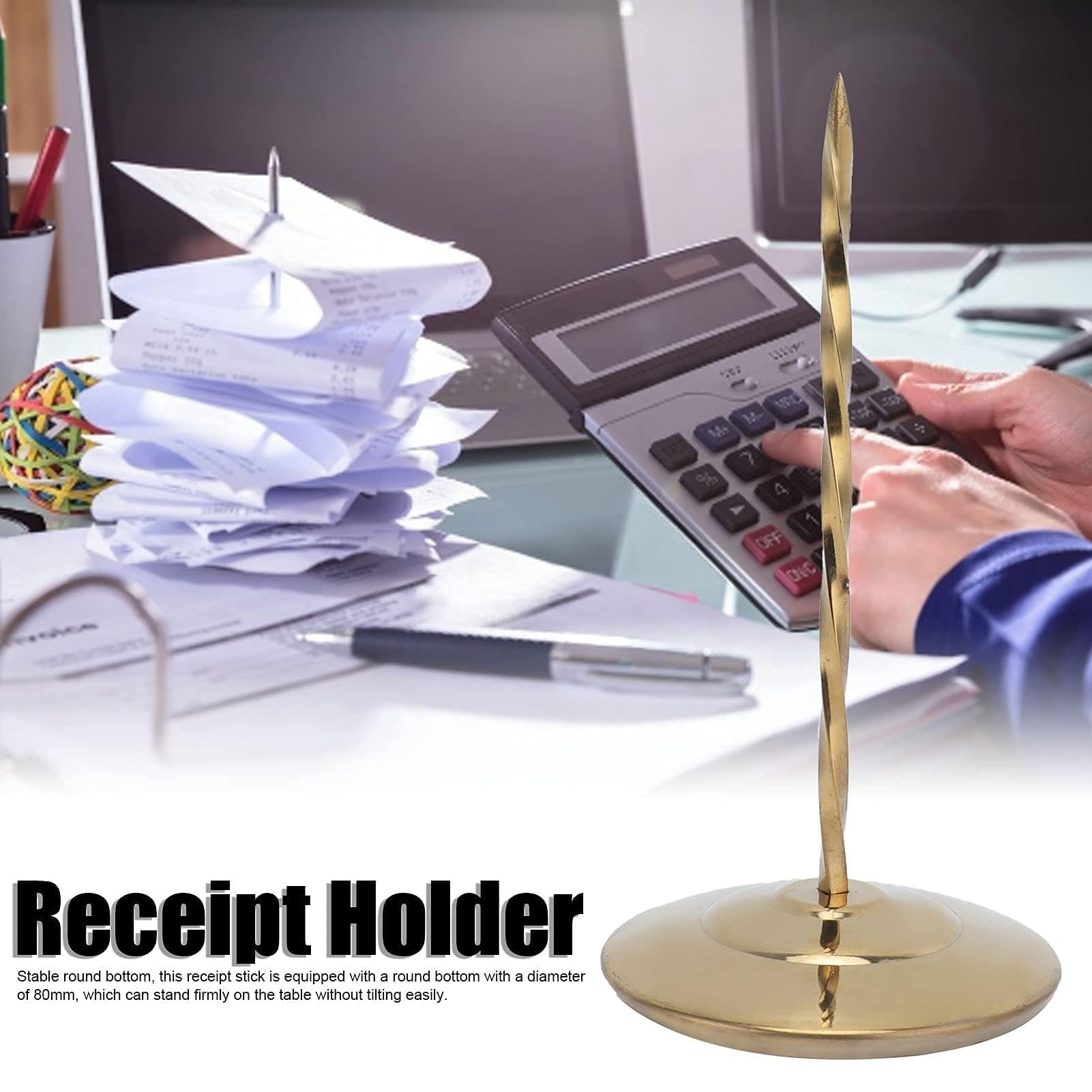 Stainless Steel Desk Receipt Holder - Bill Fork Rod Paper Organizer for Restaurant, Office & Home - Gold Check Spindle Memo Holder for Bills, Notes & Documents
