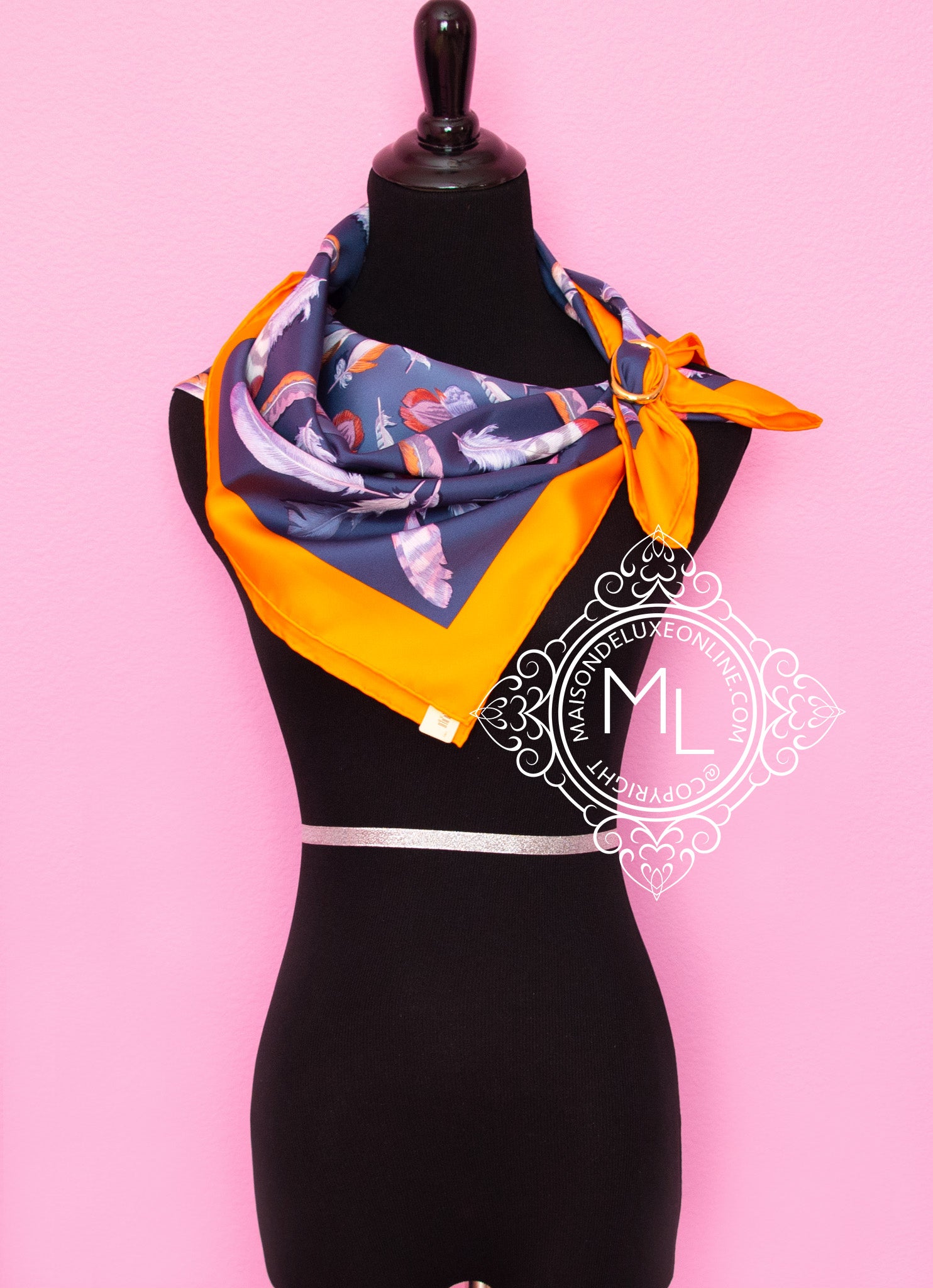 Hermes The Plumes II Scarf - 90cm Gray & Orange Twill Silk Shawl for Women | Luxury Fashion Accessory for Parties, Weddings & Special Occasions