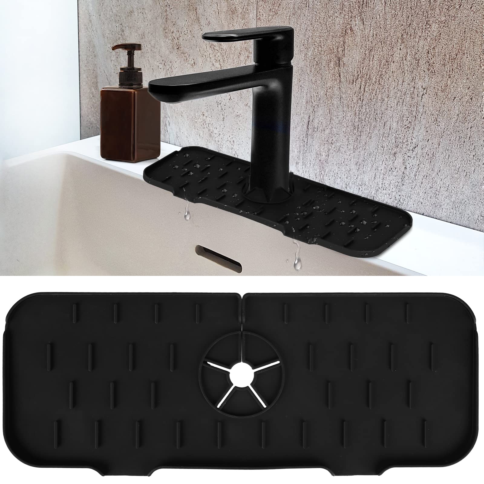**Non-Slip Silicone Kitchen Sink Splash Guard Mat - Drip Catcher Tray & Faucet Handle Protector - Farmhouse, RV & Countertop Drying Mat - Black (Perfect for Spill Prevention & Counter Protection)**    *(Ideal for Kitchens, RVs, Farmhouses & Small Spaces - Keeps Counters Dry & Clean!)*