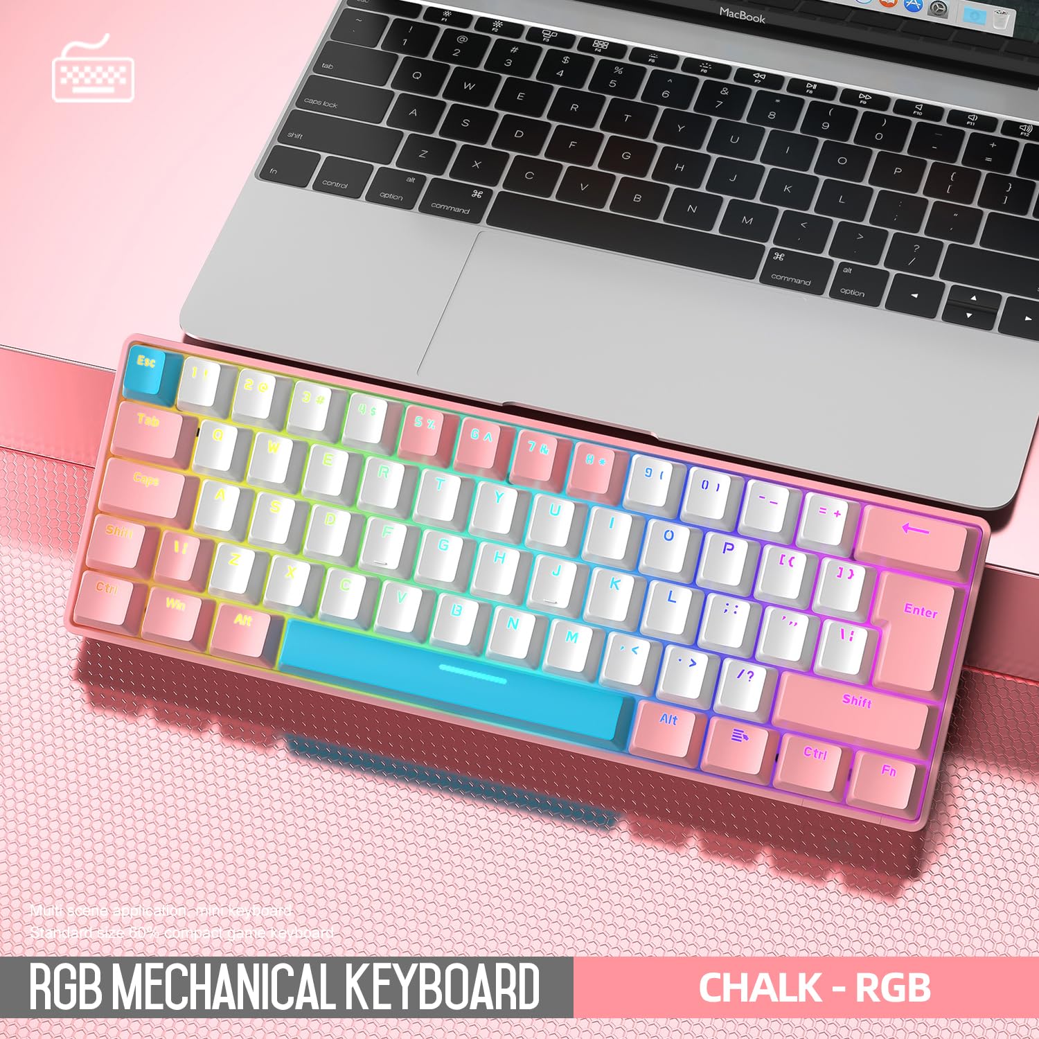 60% UK Gaming Mechanical Keyboard - Blue Switches, RGB Backlight for PC/Laptop (Pink White) - Compact Office & Gaming Use