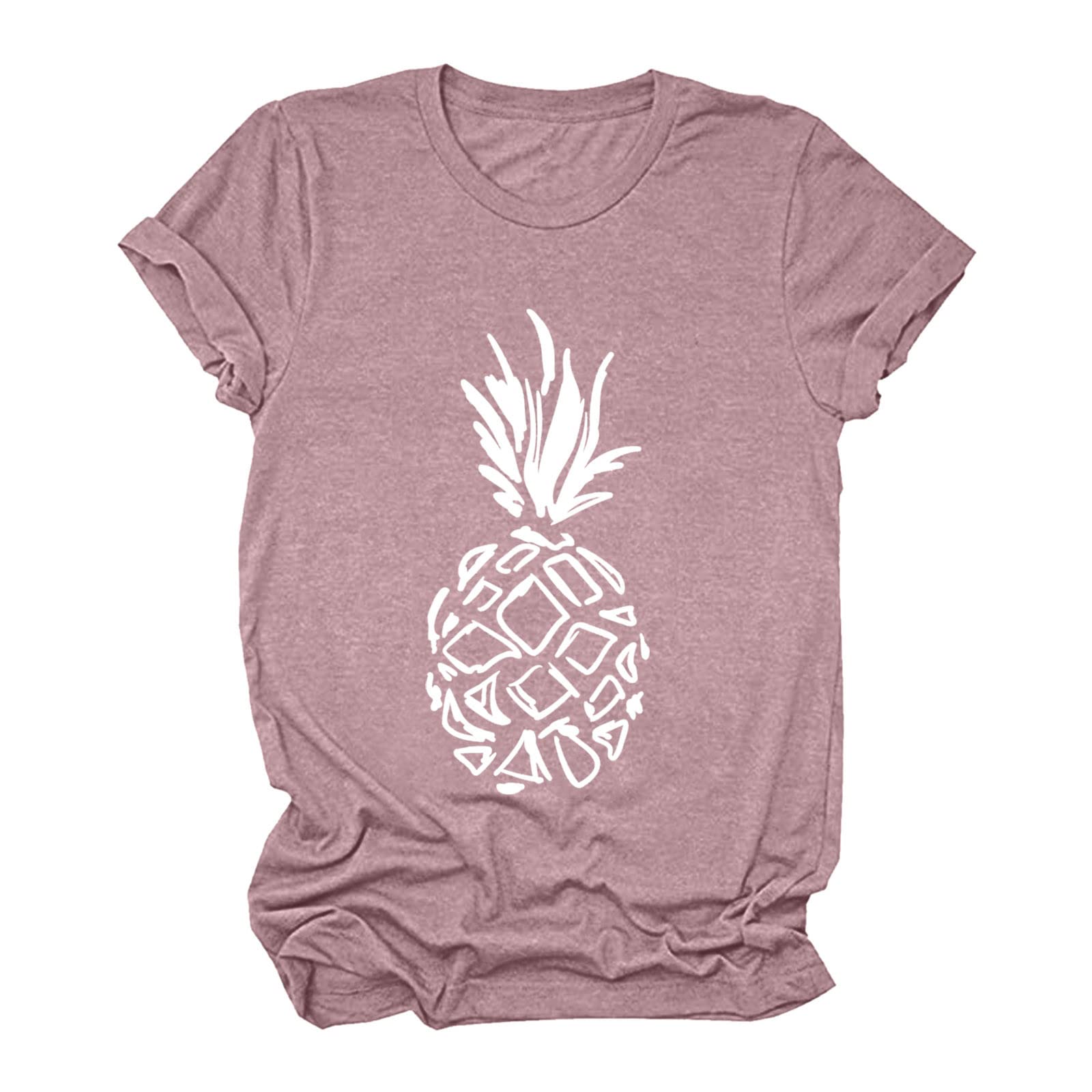 Women's Gold Casual Pineapple Print T-Shirt - Round Neck Short Sleeve Tee Top Blouse for Summer Outfits, Beach Wear & Vacation Style