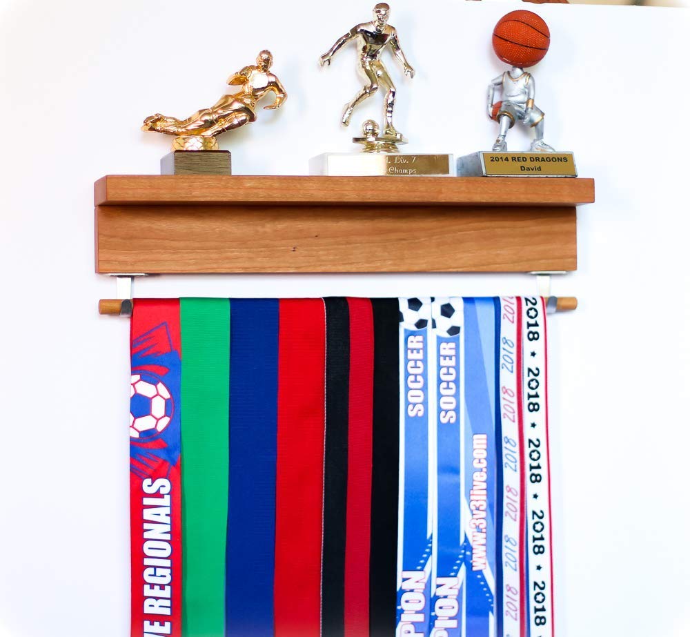 Natural Wood Wall Trophy Holder with Shelf - Medal & Ribbon Display Rack for Sports, Running, Dance Awards - Perfect for Home, Office, or Gym Decor
