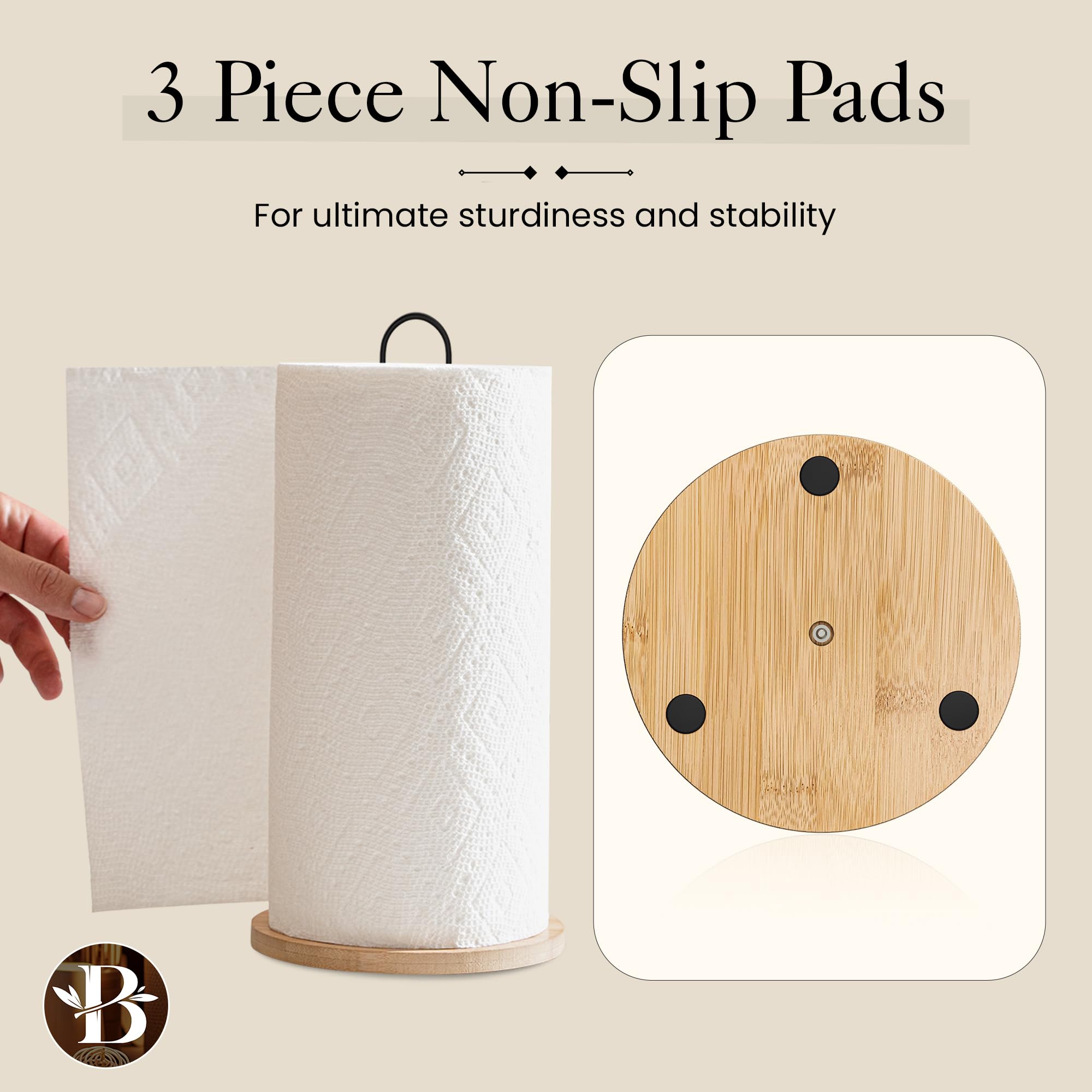 Premium Wooden Paper Towel Holder with Non-Slip Base - Modern Minimalist Countertop Dispenser for Kitchen, Home & Office - Black Bamboo Stand by Bambüsi - Perfect for Easy Access & Stylish Organization