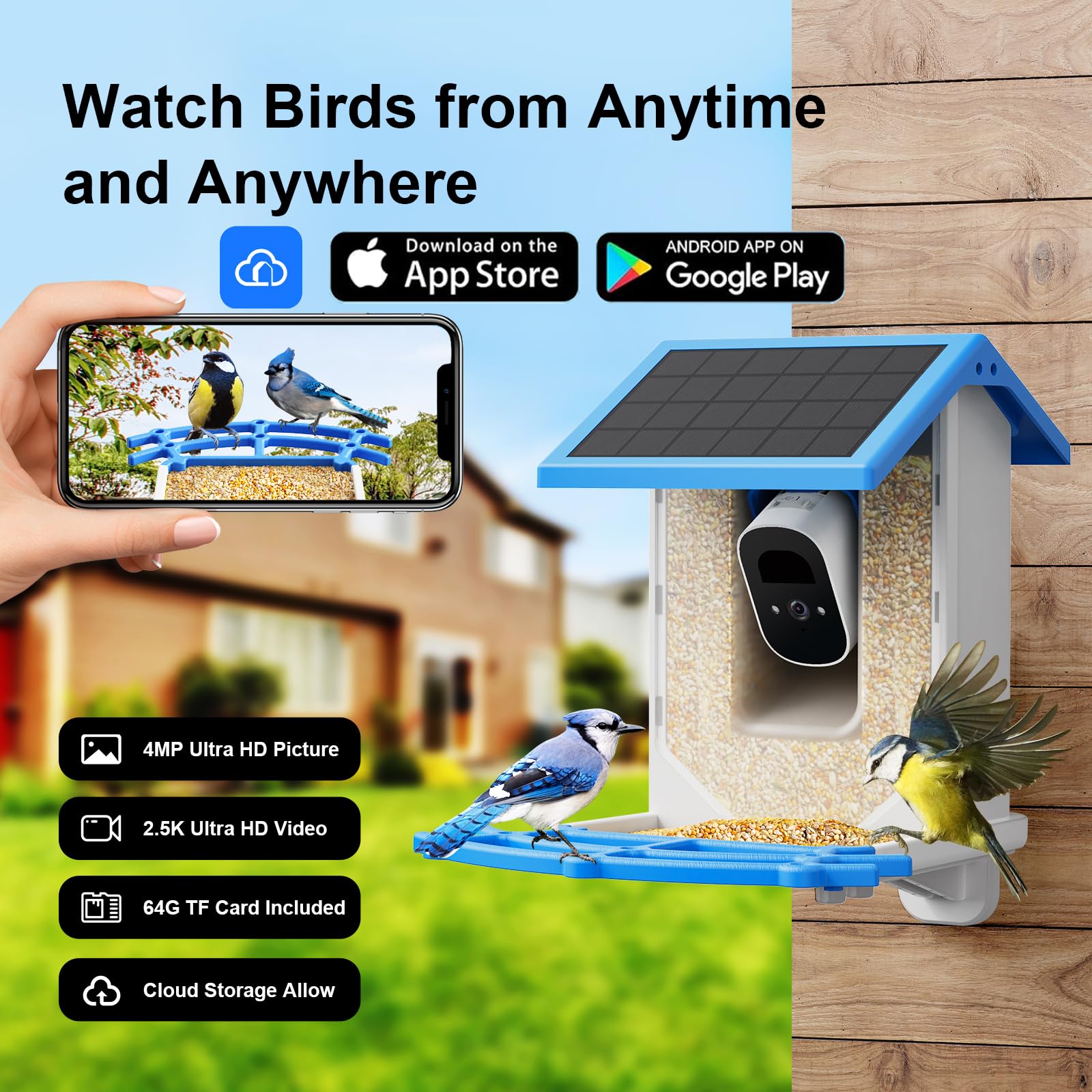 Smart Bird Feeder Camera with Solar Power - 4MP 2.5K HD Wireless Wildlife Camera, 64GB TF Card Included, Auto Bird Detection & AI Recognition for 11000+ Species - Perfect for Backyard Bird Watching, Nature Monitoring & Outdoor Wildlife Photography