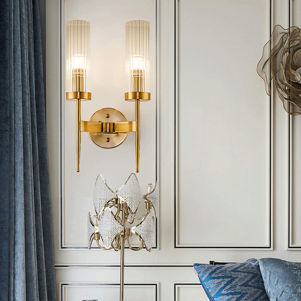 Modern Brass Glass Wall Sconce - 2-Light Clear Glass Wall Lamp with E14 Base - Elegant Wall Lighting for Living Room, Dining Room, Bedroom & Staircase - Perfect for Ambient Lighting and Home Decor