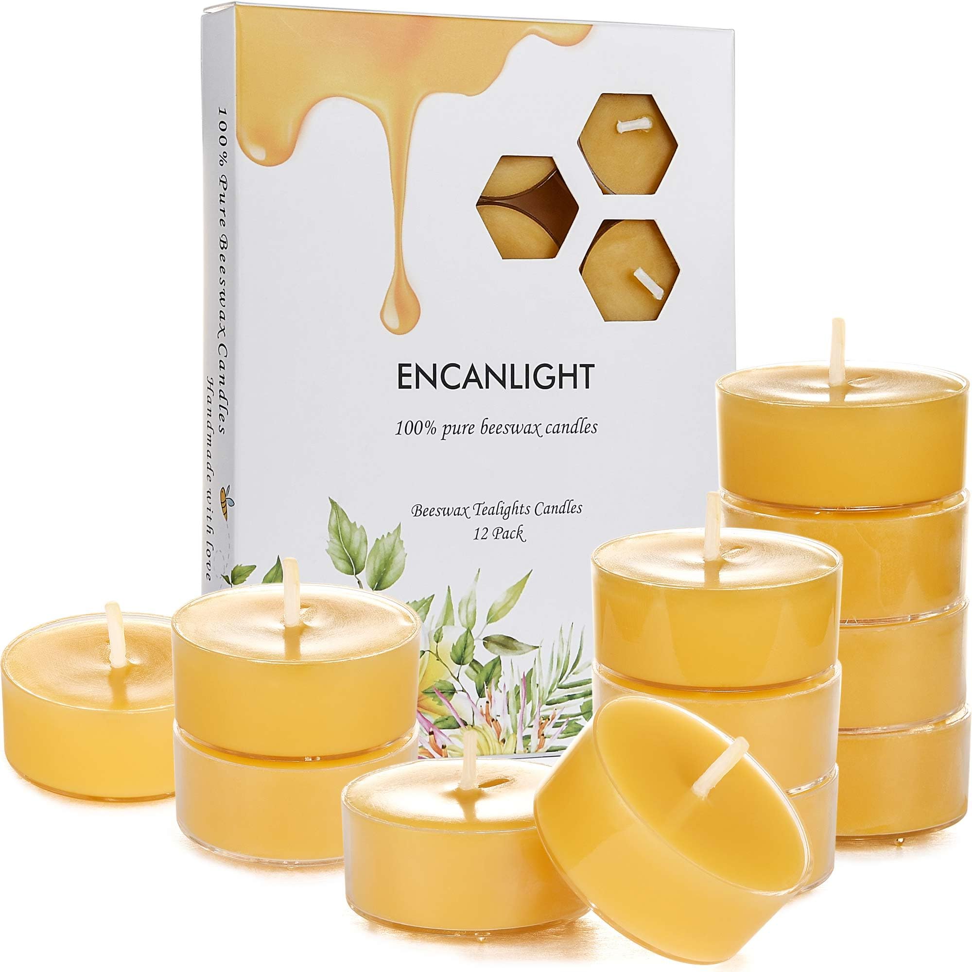 Natural Beeswax Tealight Candles - 12 Pack Long-Lasting (4 Hours Each) Eco-Friendly Tea Lights for Home Decor, Romantic Dinner, Spa Relaxation & Wedding Ambiance