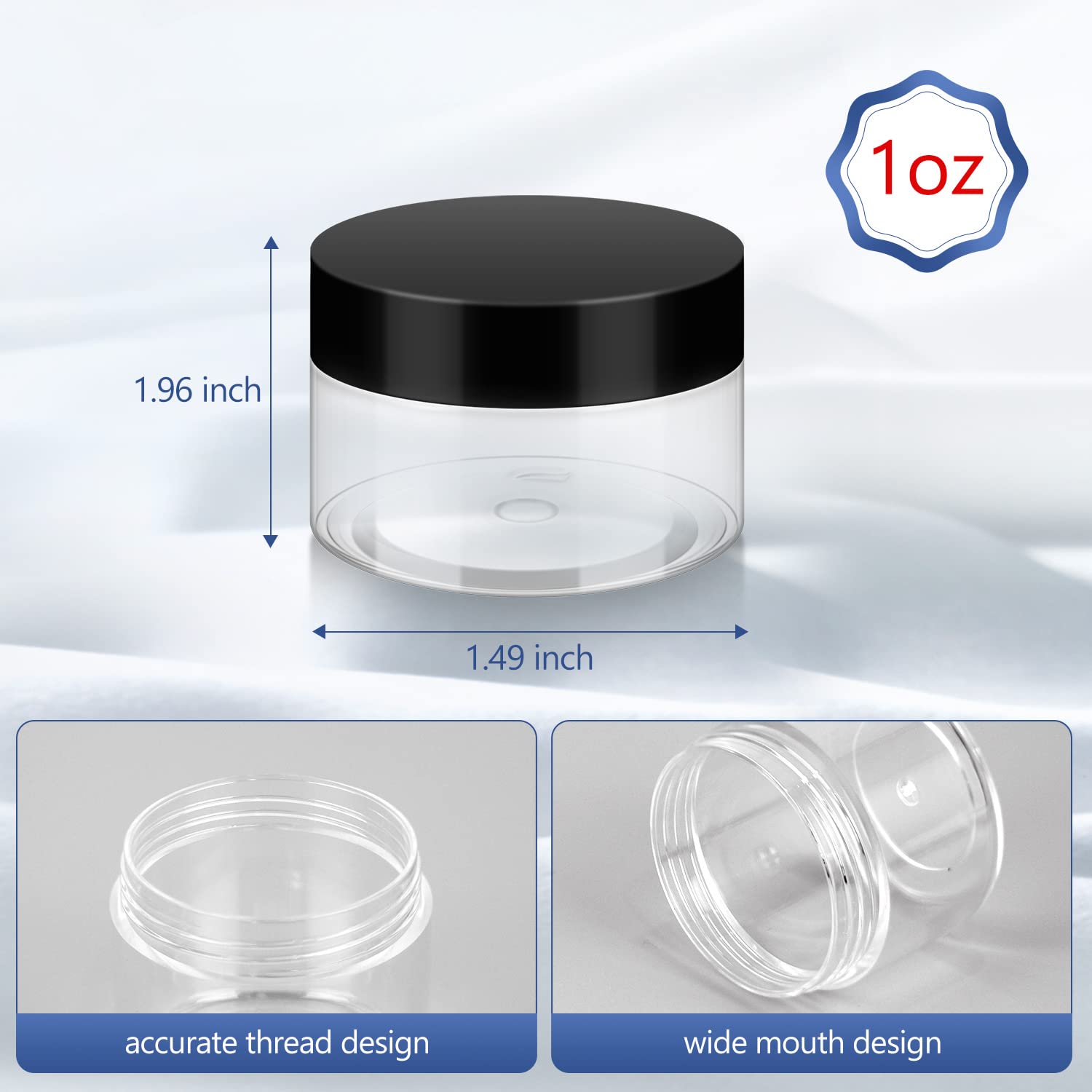 1oz Plastic Jars with Lids - 6 Pack BPA Free Reusable Cosmetic Containers for Bath Salts, Makeup, Powders & Beauty Products | Small Refillable Transparent Jars for Home, Salon & Travel Organization