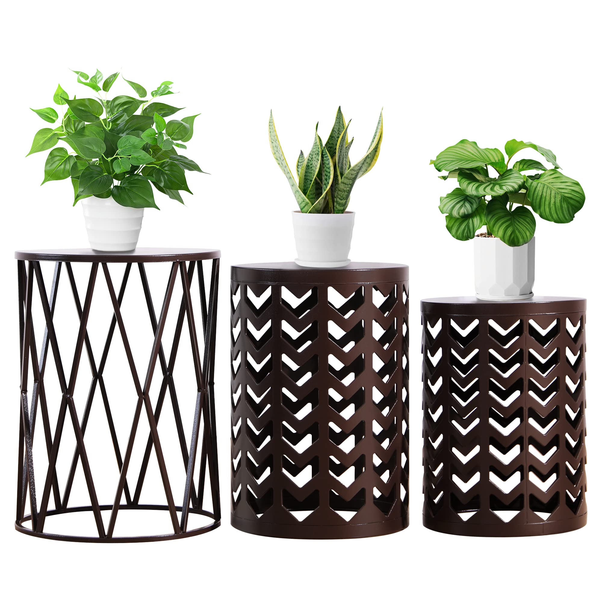 Y&M Nesting Side Table Set of 3 - Stackable Modern Industrial Coffee Tables for Living Room, Bedroom & Outdoor - Heavy Duty End Tables & Garden Stools - Pure Brown (US Shipping) | Perfect for Small Spaces, Patio Decor & Coffee Table Alternatives