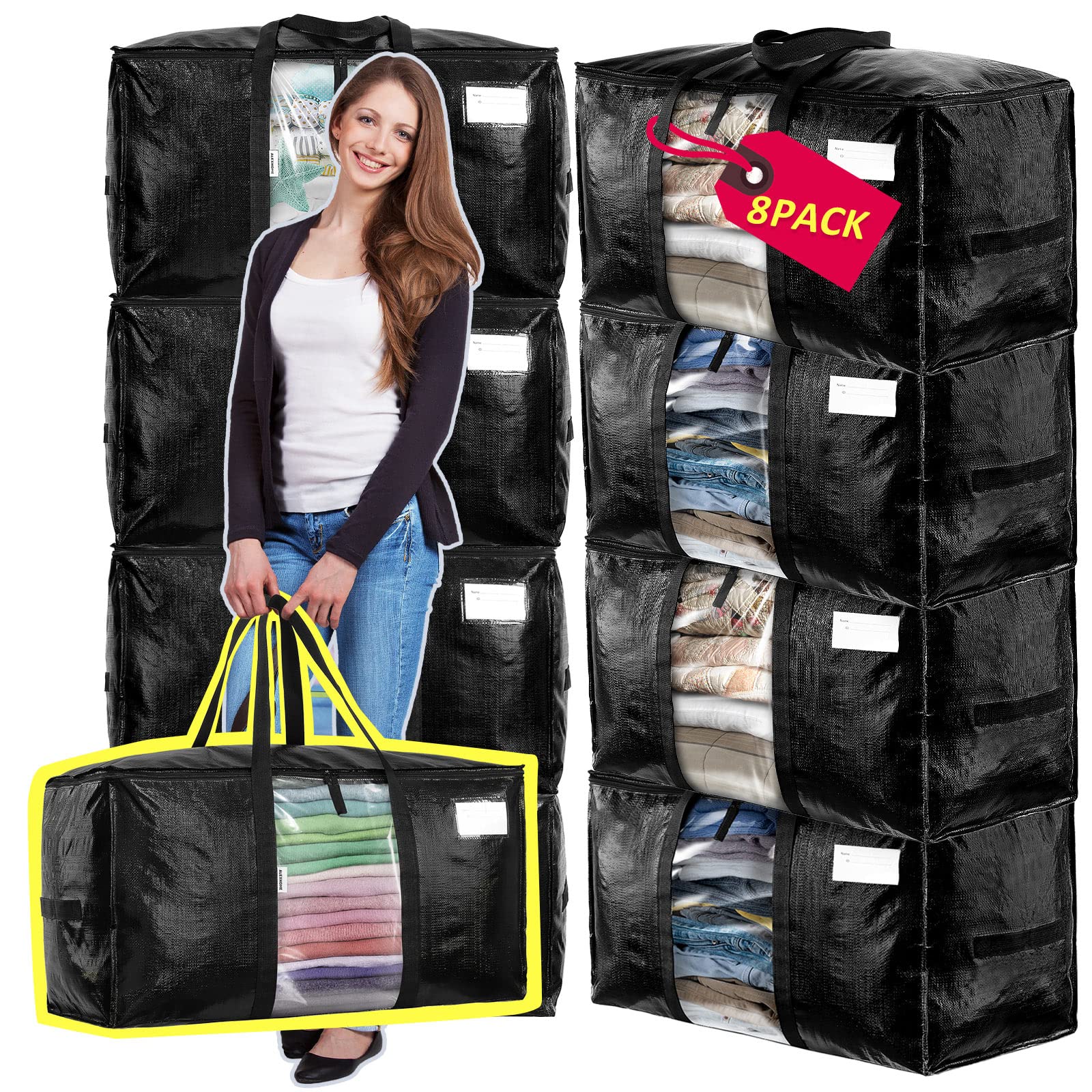 AlexHome Heavy Duty Moving Bags - 8 Pack Extra Large Storage Bags for Clothes & Household Items | Space Saving Moving Supplies | Perfect for Home Relocation, College Dorm Move & Seasonal Storage (Black, Set of 8)