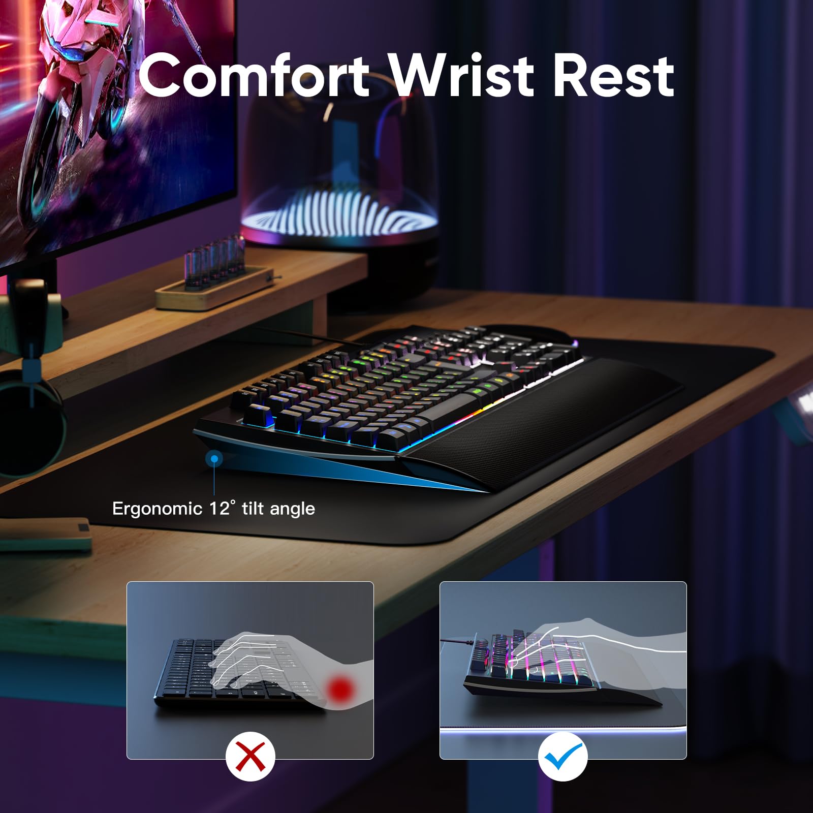 OMOTON RGB Gaming Keyboard with Wrist Rest - Ergonomic Silent USB Keyboard for PC Gaming & Office Work