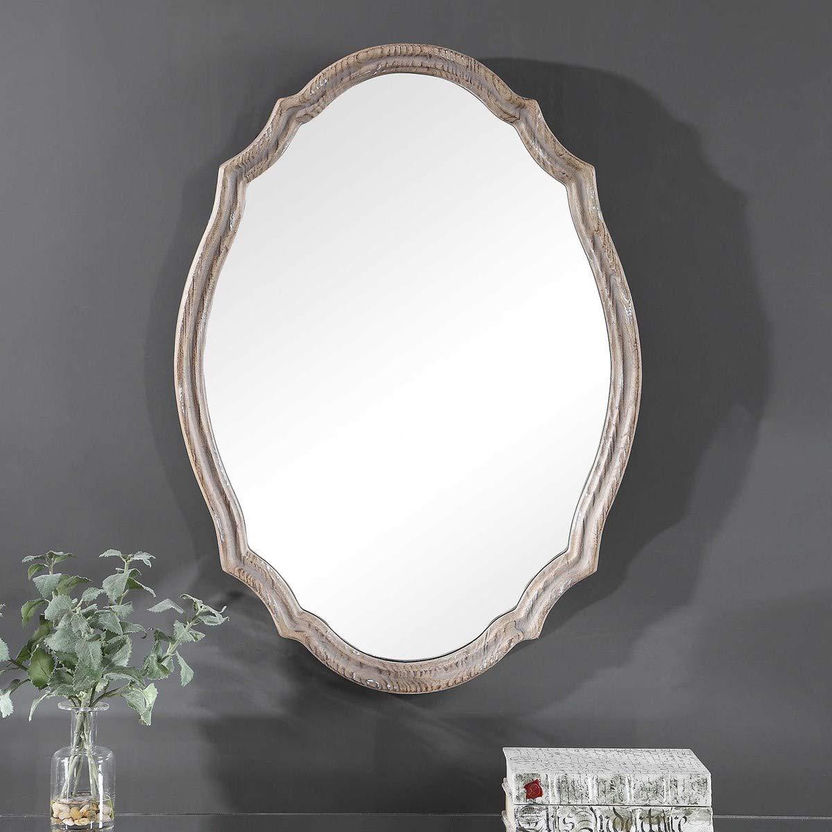 Spinner Moss & Fig Joshua Natural Wood Oval Wall Mirror - Light Ivory Distressed Finish (24”W x 34”H x 2”D) - Perfect for Farmhouse, Boho & Rustic Home Decor - Living Room, Bedroom, Entryway