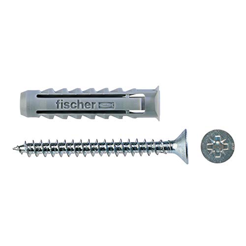 Fischer Assorted Case SX 5/6/8 - Set of Plugs and 90 Screws (512642, Grey) - Perfect for Wall Mounting, Furniture Assembly & DIY Home Projects