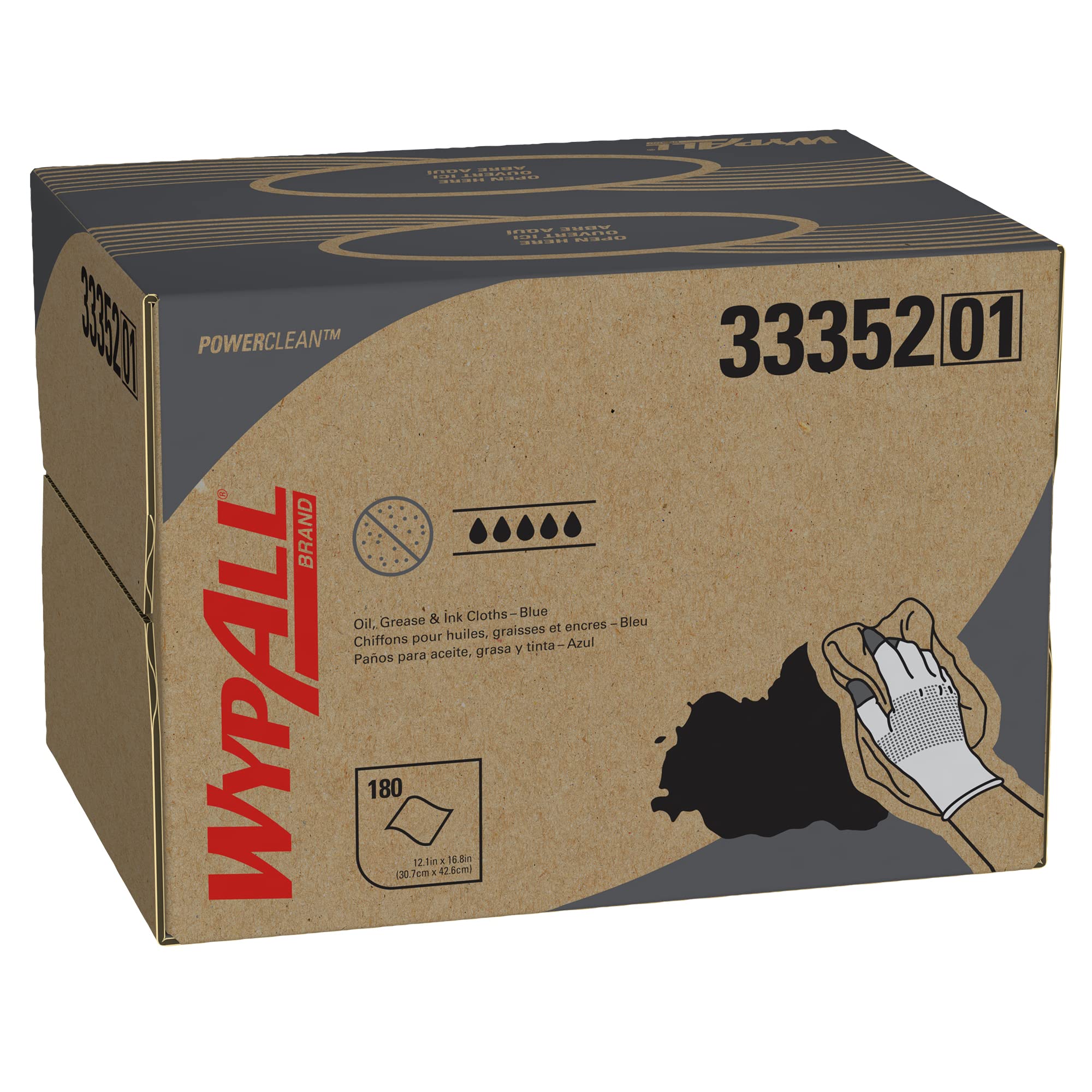WypAll Power Clean Oil, Grease & Ink Disposable Cloths (33352) - Lint-Free, Blue, 180 Sheets/Box, 1 Large Brag Box/Case - Ideal for Automotive, Industrial & Workshop Cleaning