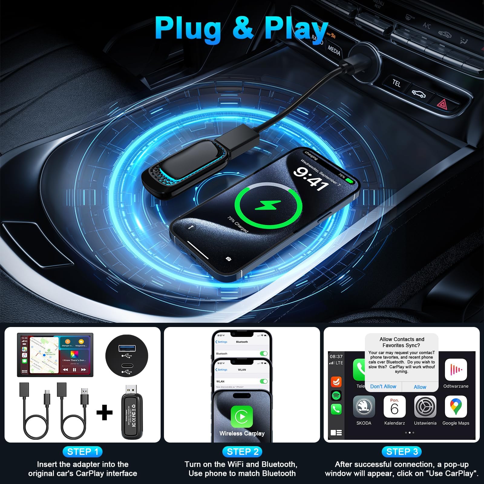 Wireless CarPlay & Android Auto Adapter for iPhone - 2-in-1 Auto Connect Dongle with Thermal Vent Design for Factory Wired Cars | Perfect for Commuting, Road Trips & Hands-Free Driving