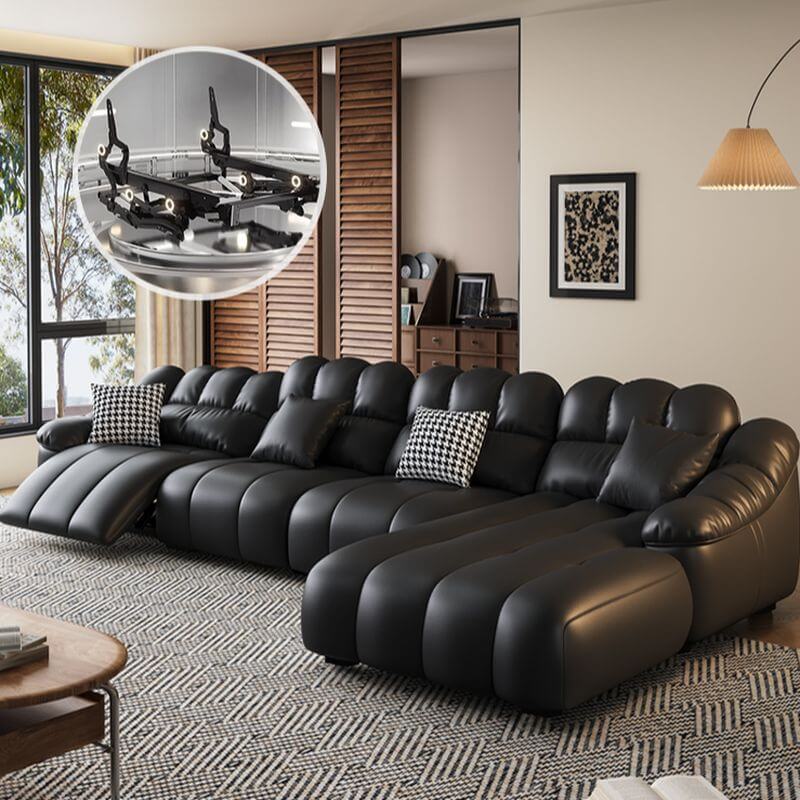 L Shape Sofa Chaise with USB Port - Modern Black Upholstery 4-Piece Sectional Set - Left-Facing Chaise Lounge with Sloped Arms - Perfect for Living Room, Home Theater & Small Spaces