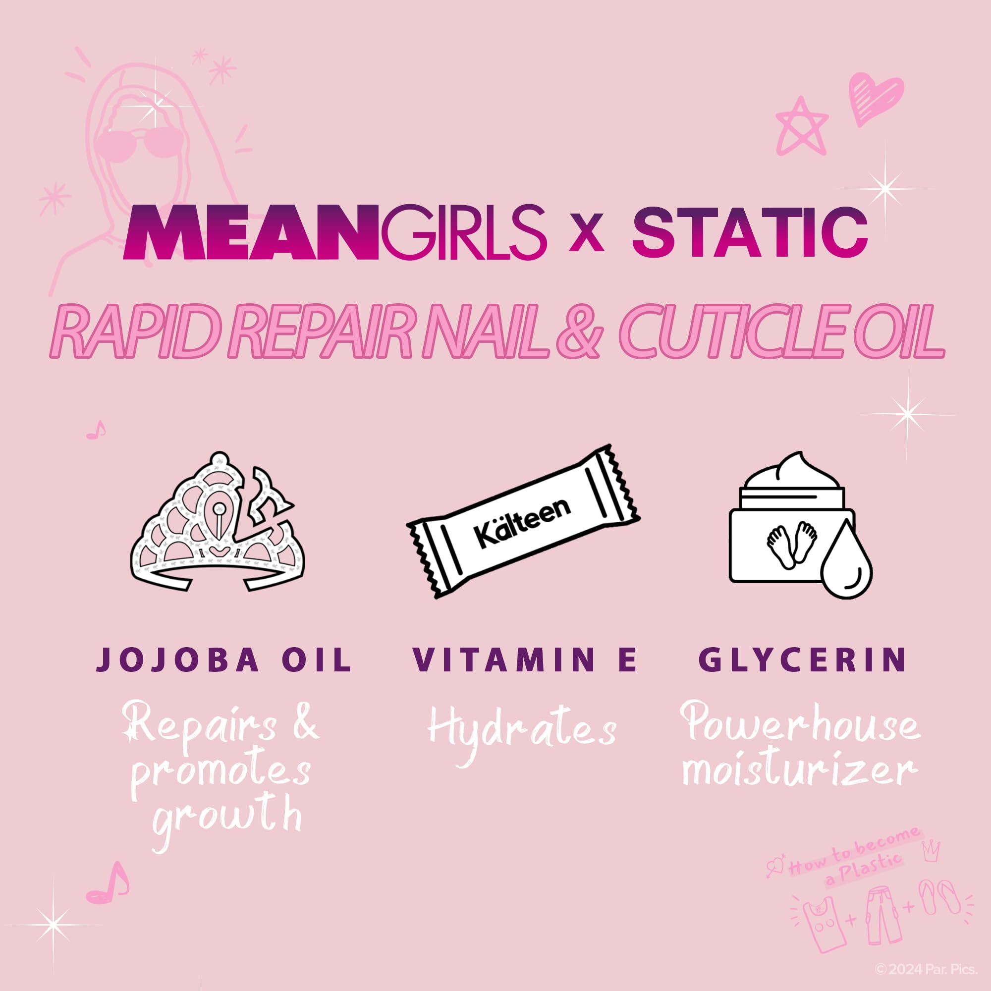 Static Nails Mean Girls x Rapid Repair Nail And Cuticle Oil - Reusable Pop-On Manicure Kit | Seamless Natural Looking Press On Fake Nails with Cuticle Care | Perfect for Parties, Weddings & Everyday Glam