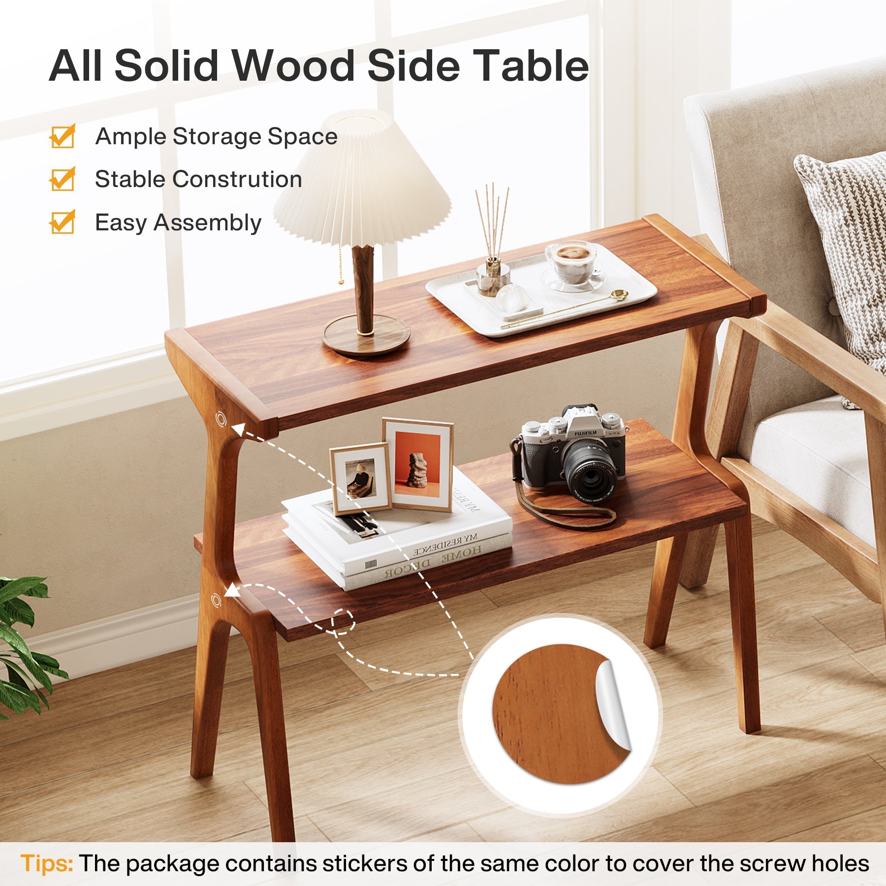 Solid Wood End Table with Storage Shelf - 2 Tier Sofa Side Table for Living Room, Bedroom & Office - Rustic Home Decor & Functional Furniture