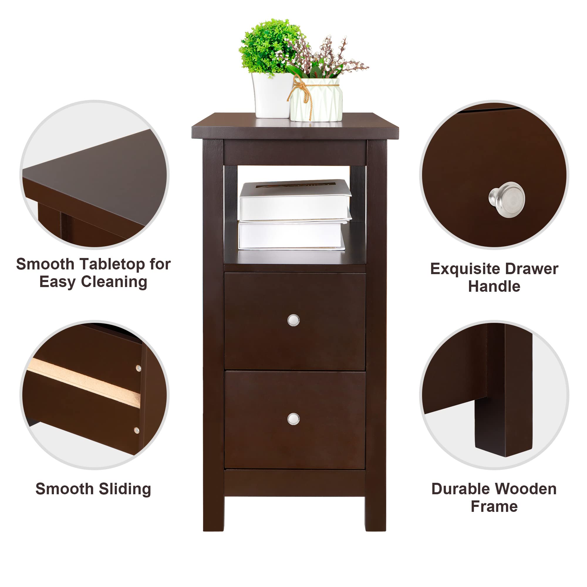 2-Piece Narrow End Table Set with 2 Drawers & Storage Shelf - 3-Tier Slim Sofa Side Table for Living Room, Bedroom & Small Spaces - Espresso Finish | Perfect for Apartment Decor, Coffee Table Alternative & Space-Saving Furniture