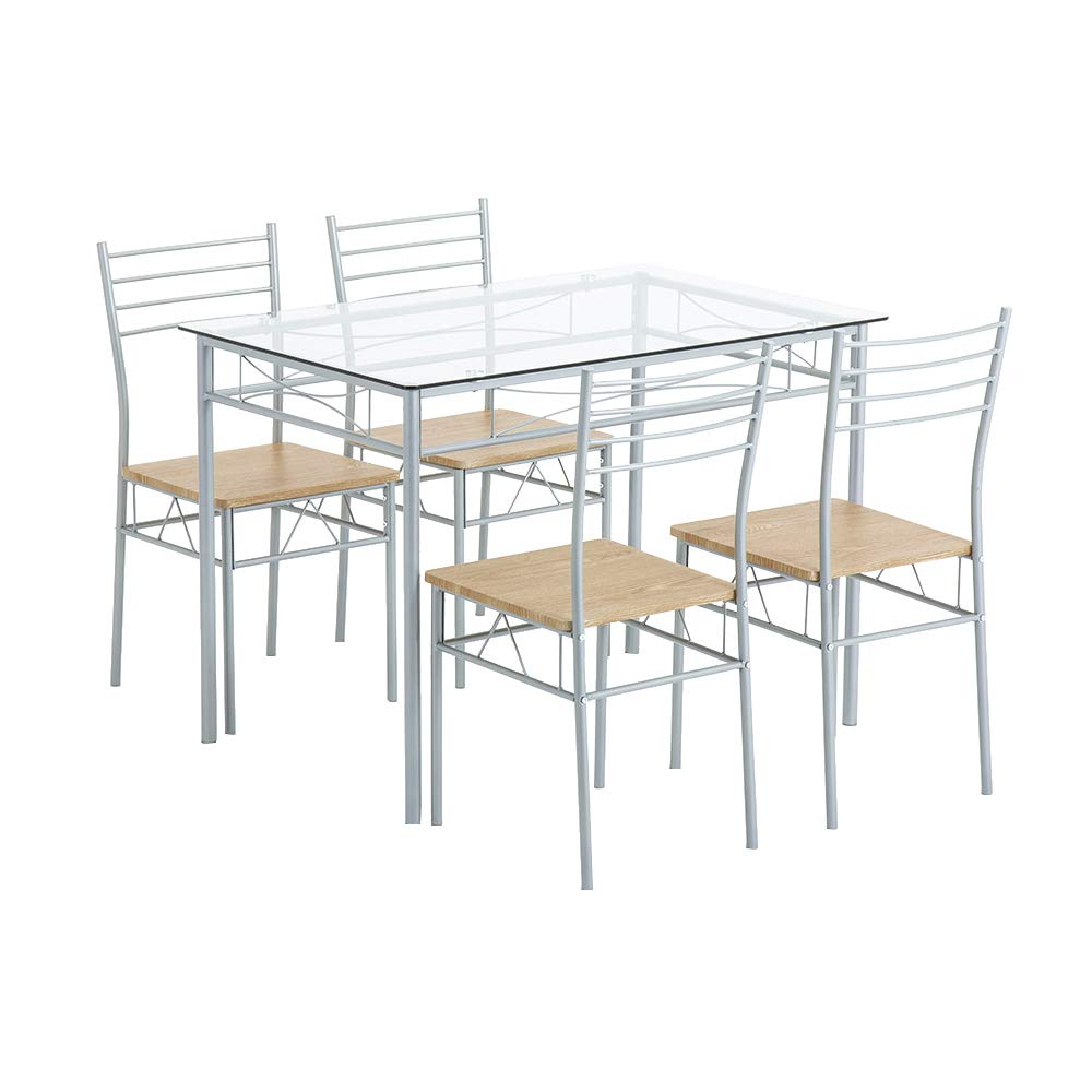Lazyspace 4-Piece Silver Iron and Glass Dining Table Set with PU Cushion - 43.3 x 27.6 x 29.9 Inches, White - Perfect for Small Spaces, Apartments, and Modern Kitchens