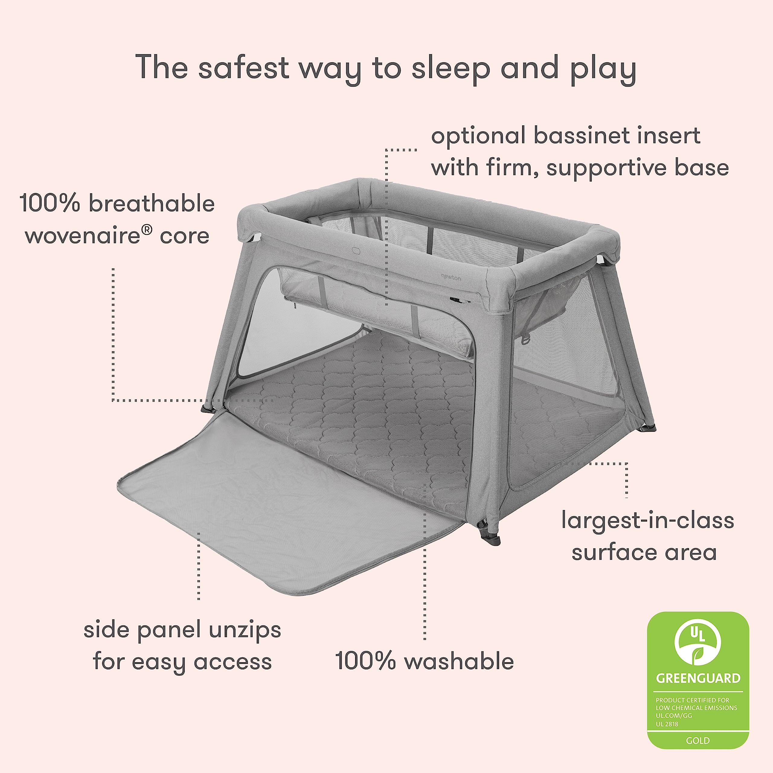 Newton Baby Bassinet Insert for Travel Crib & Playard - Breathable Mesh Bassinet with Mattress & Sheet for Newborns up to 15 lbs | Washable Dual-Layer Cover | Portable Infant Sleeper for Nursery, Travel & Bedside Use