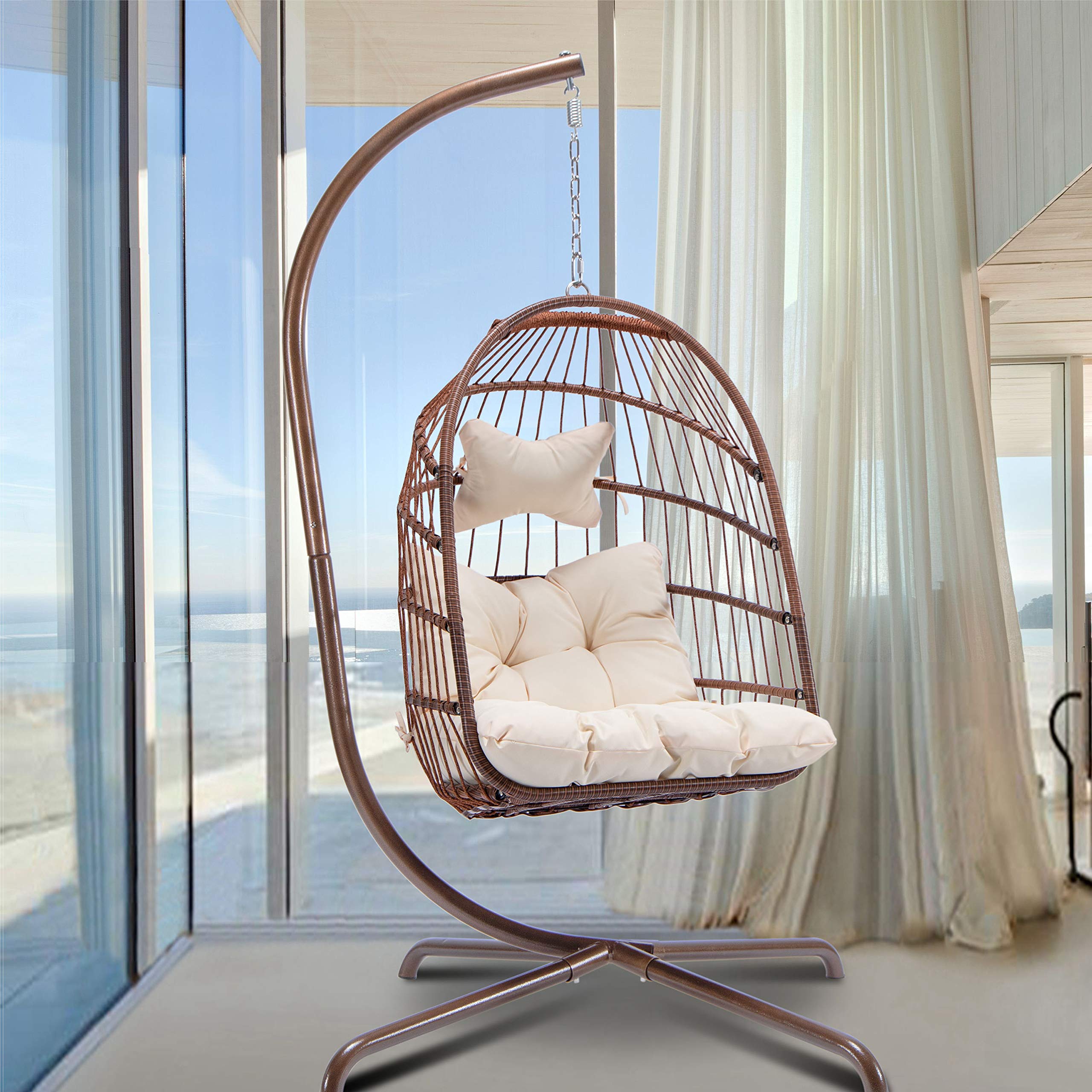 Outdoor Hanging Egg Chair with UV-Resistant Beige Cushion & Aluminum Frame - Patio Swing Chair for Garden, Balcony, or Porch Relaxation - Indoor/Outdoor Use (Brown)