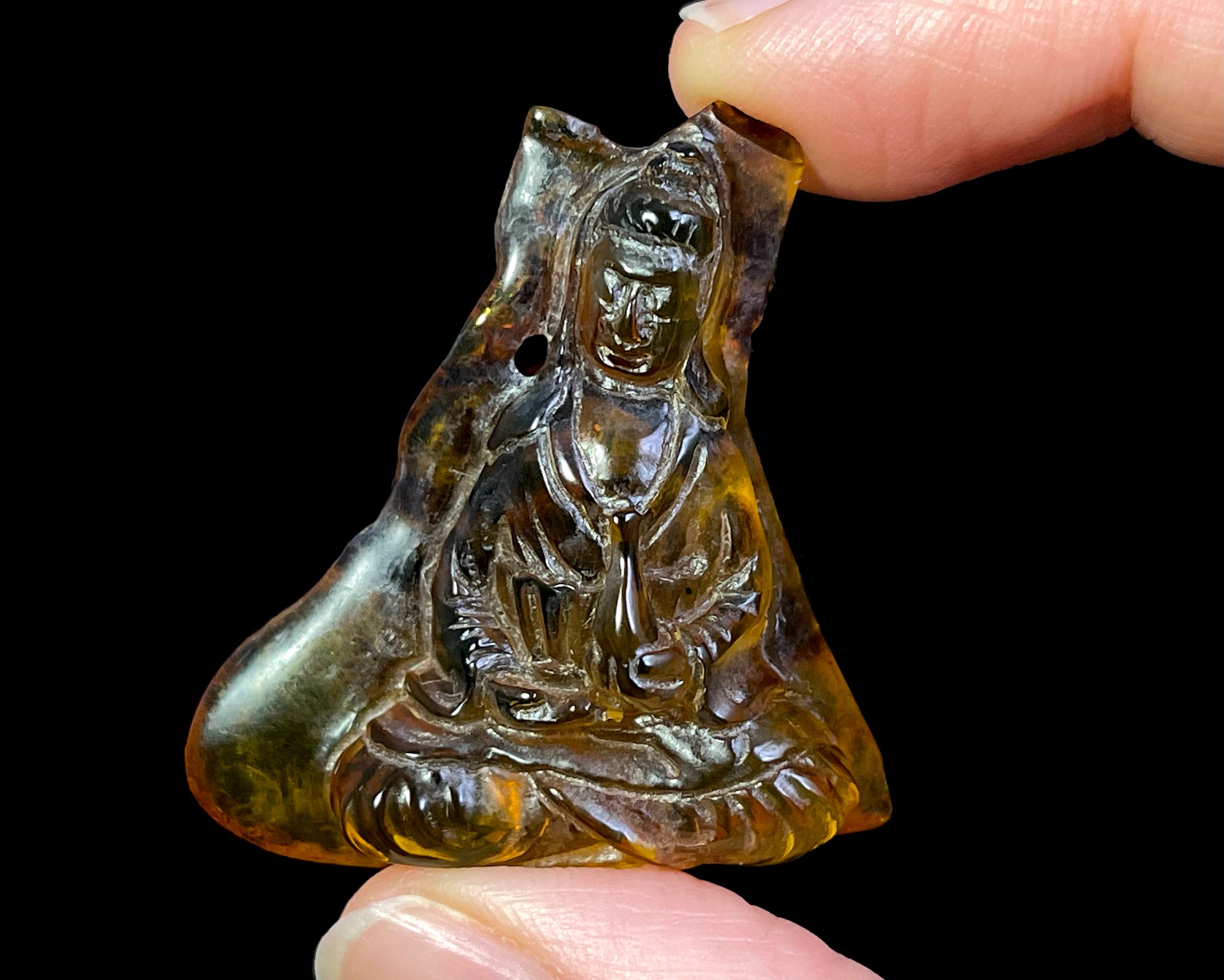 AMBER Crystal Kuan Yin Statue - Hand Carved Buddhist Goddess Sculpture, Feng Shui Home Decor, Healing Crystal Gift for Housewarming & Meditation (L2257) | Perfect for Spiritual Altars, Yoga Spaces & Positive Energy Homes
