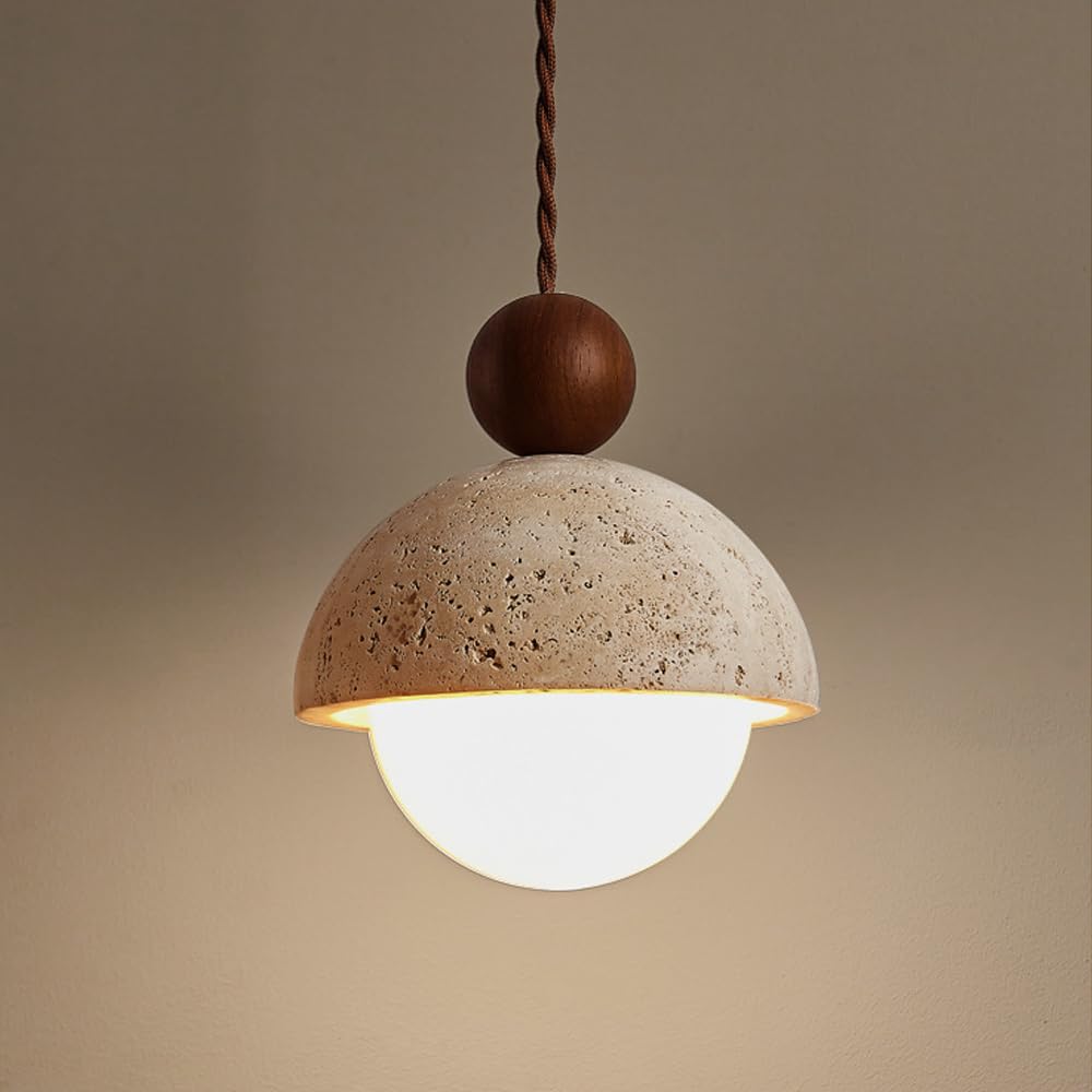 Natural Stone Shade Spherical Pendant Light - Retro Mini Pendant Lamp Nordic Style Hanging Lighting for Kitchen Island, Dining Room & Bedroom - Solid Wood Ceiling Light with E27 Socket - Perfect for Farmhouse, Modern & Industrial Decor