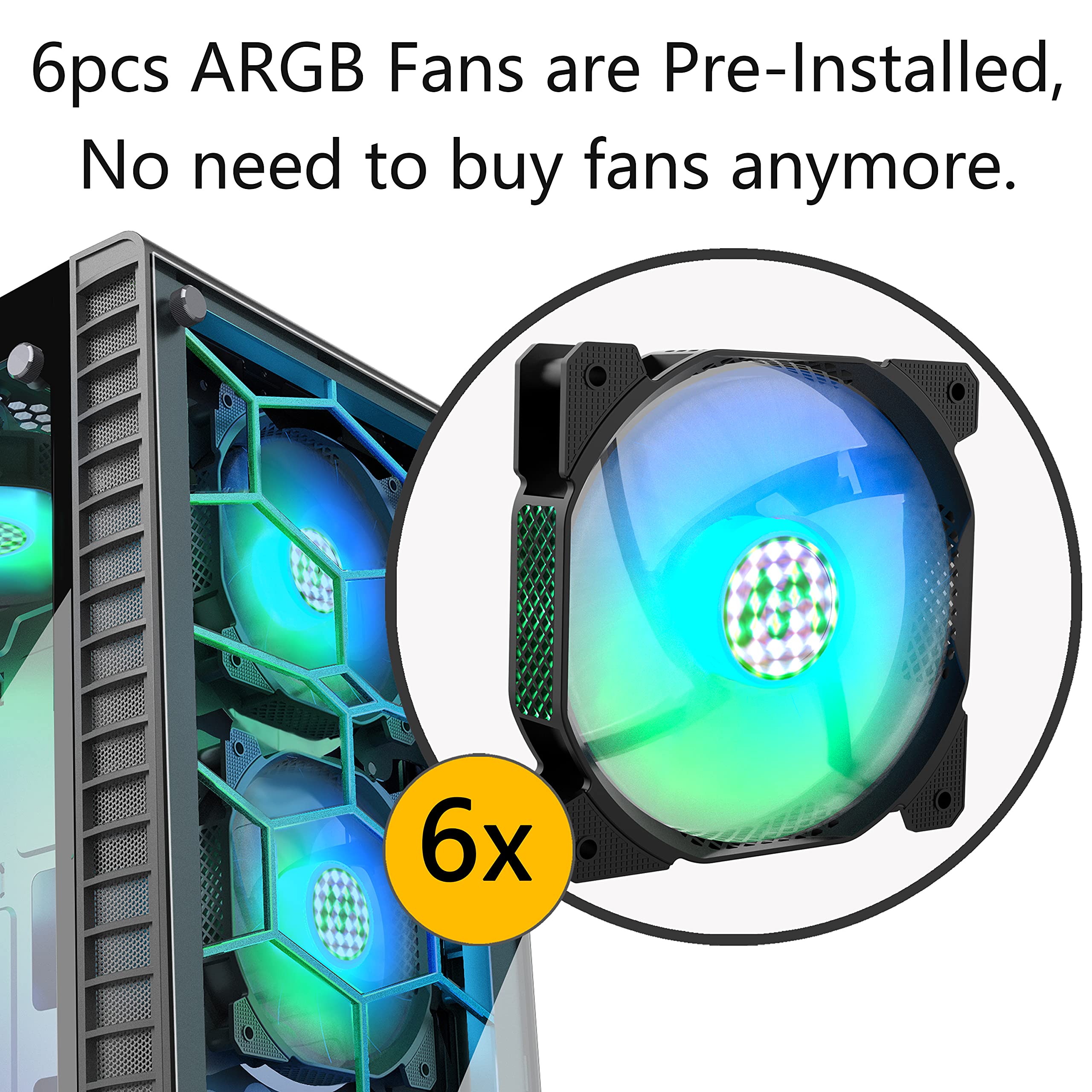 MUSETEX ATX Mid-Tower Gaming PC Case with 6 Pre-Installed ARGB Fans, USB 3.0, Tempered Glass - Excellent Cable Management & Airflow for ATX/Micro ATX/ITX Motherboards (Black, G06N6) - Perfect for Gaming Rigs, Streaming Setups & High-Performance Computers