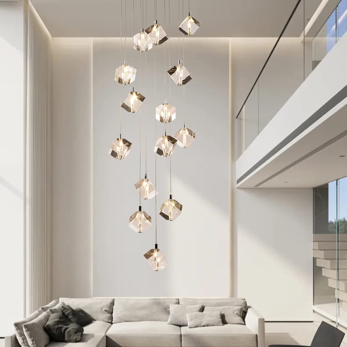 Modern Chrome Raindrop Pendant Light Fixture - 14-Light Round Crystal Chandelier for High Ceilings - Elegant Dining Room, Living Room, Staircase & Hotel Lighting Decor