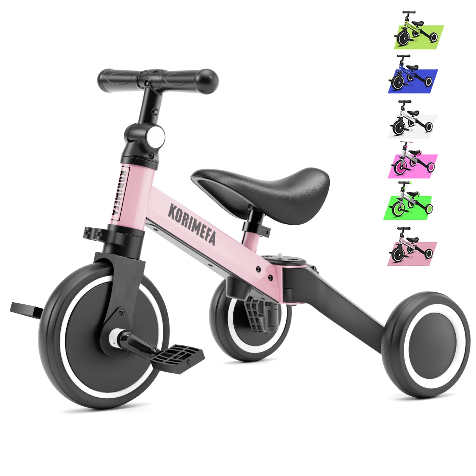 KORIMEFA 3-in-1 Toddler Tricycle for 1-3 Year Olds - Adjustable Seat Height Baby Trike, Balance Bike & Push Bike for Boys & Girls (Light Pink) - Perfect for Indoor Play, Outdoor Park Rides & Learning to Cycle
