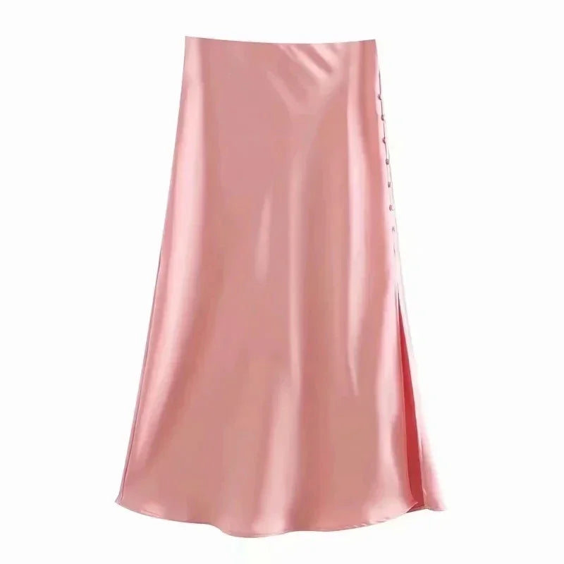 Foridol Women's High Waist Button Slit Midi Satin Skirt - Elegant A-Line Silk Skirt for Office & Autumn Wear | Perfect for Work, Date Night & Special Occasions
