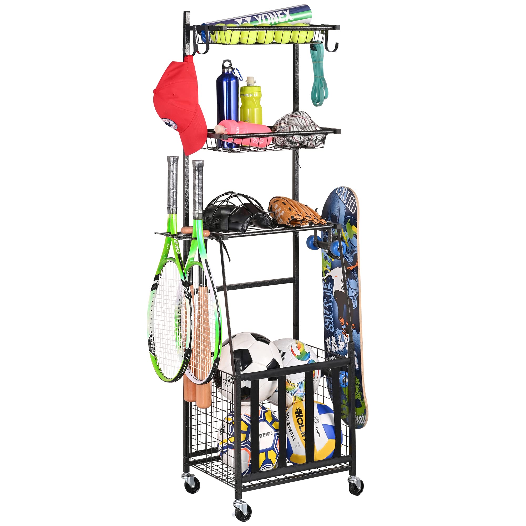 PLKOW Heavy Duty Sports Equipment Storage Rack for Garage - Indoor/Outdoor Organizer with Basket & Hooks - Perfect for Basketballs, Soccer Balls, Toys & Sports Gear - Space Saving Solution for Home, Gym & Playroom Organization
