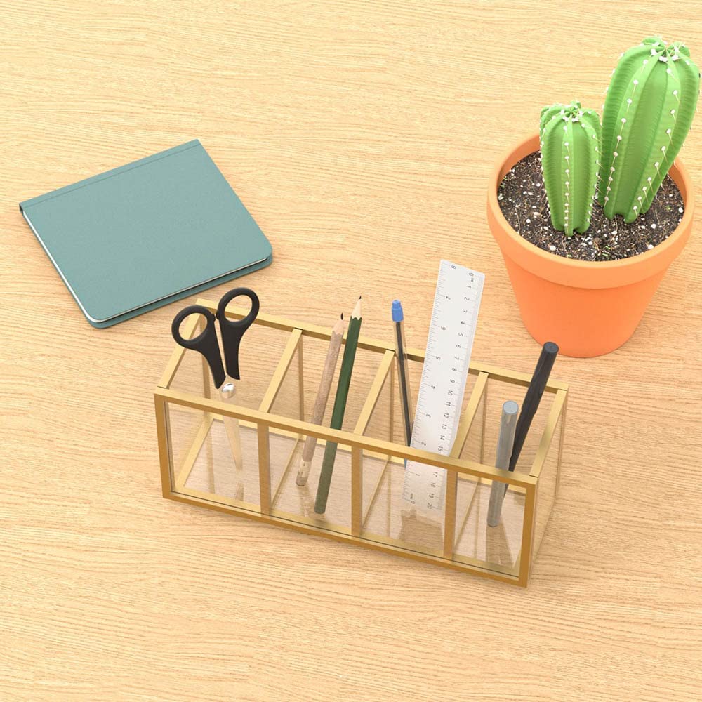 NIUBEE 4-Compartment Acrylic Pen Holder with Gold Copper Border - Stylish Desk Organizer for Pens, Pencils & Office Supplies | Perfect for Home, Office & Workspace Organization