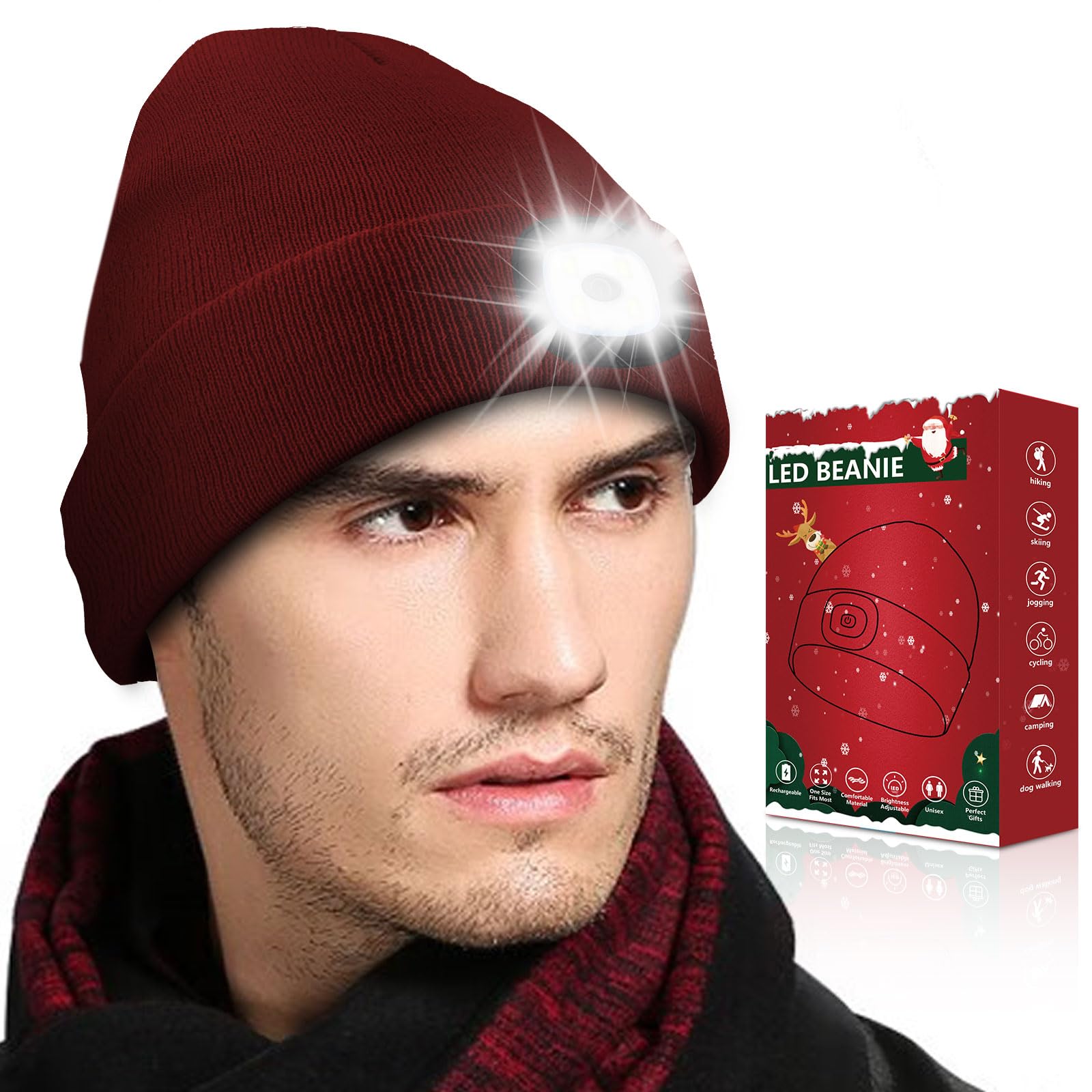 Unisex LED Beanie Hat with Light - USB Rechargeable Headlamp Winter Hat for Men & Women - Perfect Birthday Gift for Him, Boyfriend, Outdoor Activities, Camping & Night Running