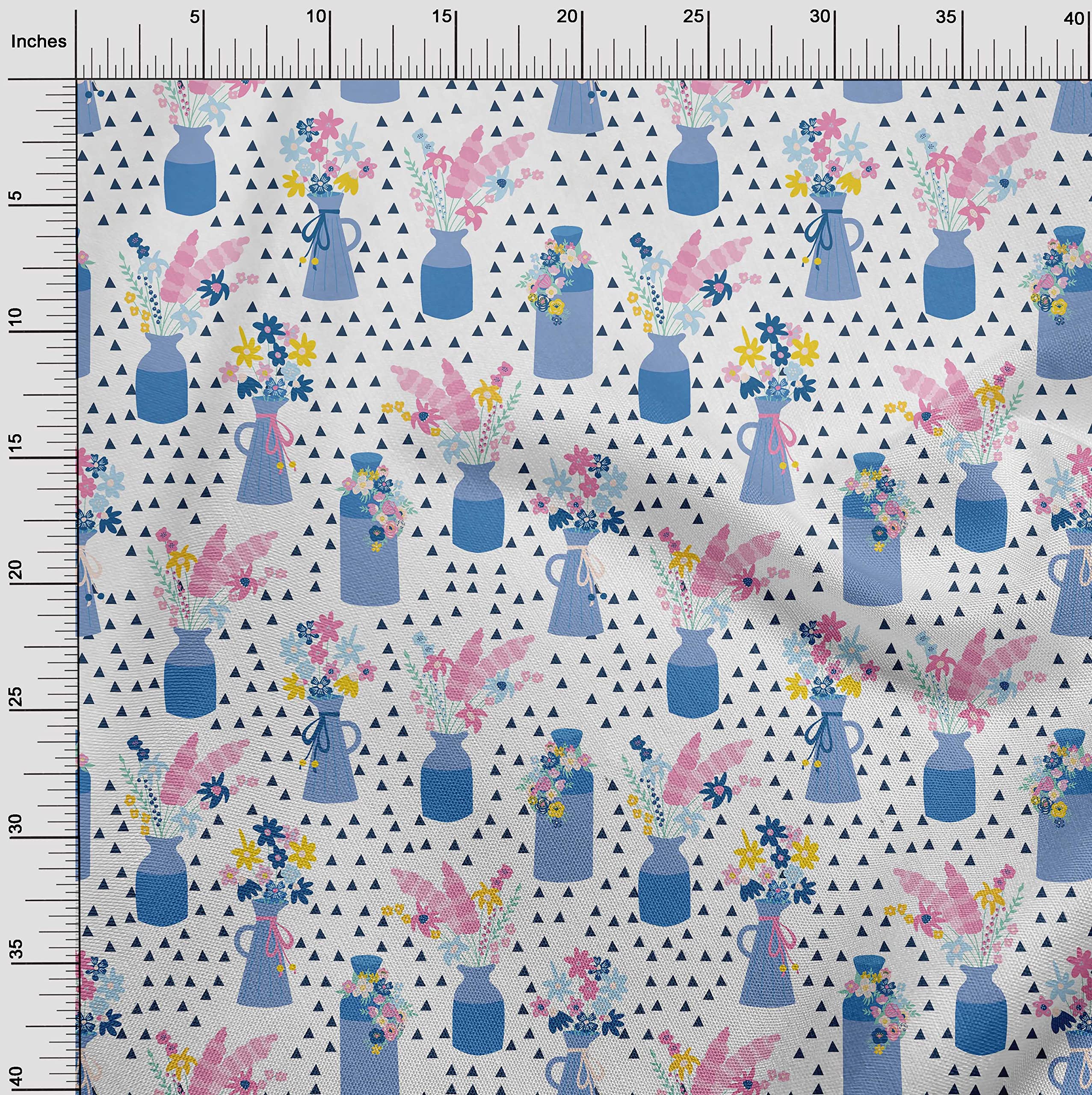 oneOone Silk Tabby Medium Blue Floral Vase Print Fabric - 42 Inch Wide Geometric Design Sewing Material for DIY Crafts, Home Decor & Quilting Projects