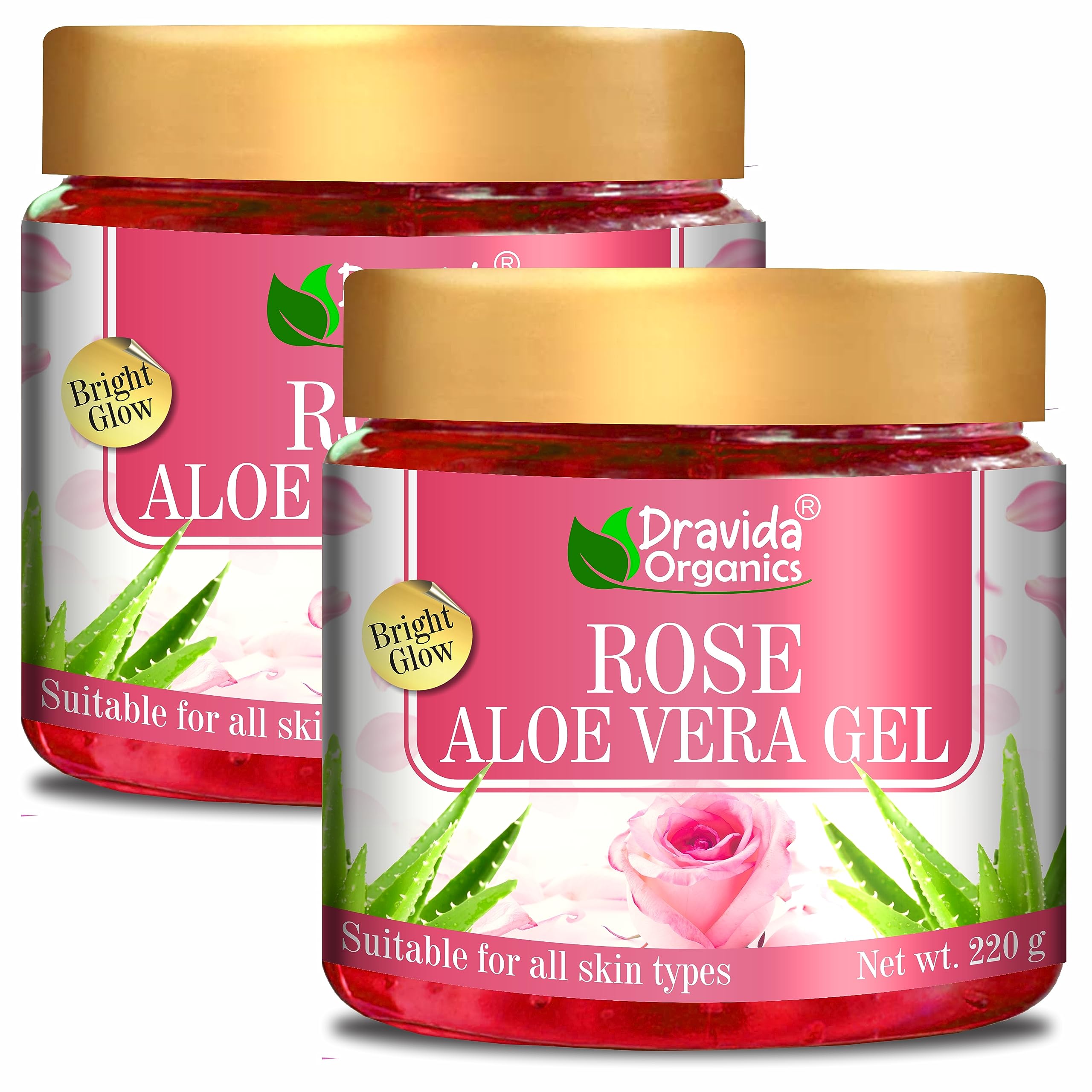 Dravida Organics 100% Pure Rose Aloe Vera Gel for Skin & Hair Care - 220gm x 2 Pack | Hydrating, Soothing & Nourishing Face & Body Moisturizer | Perfect for Sunburn Relief, Hair Mask & Daily Skincare Routine