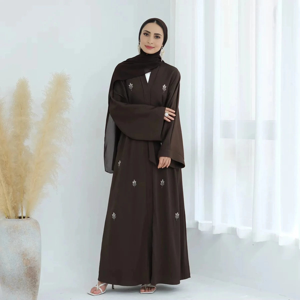 Hand Stitched Beaded Wrinkle Satin Cardigan Open Abaya #25829 - Elegant Muslim Women's Cover-Up for Prayer, Wedding & Special Occasions