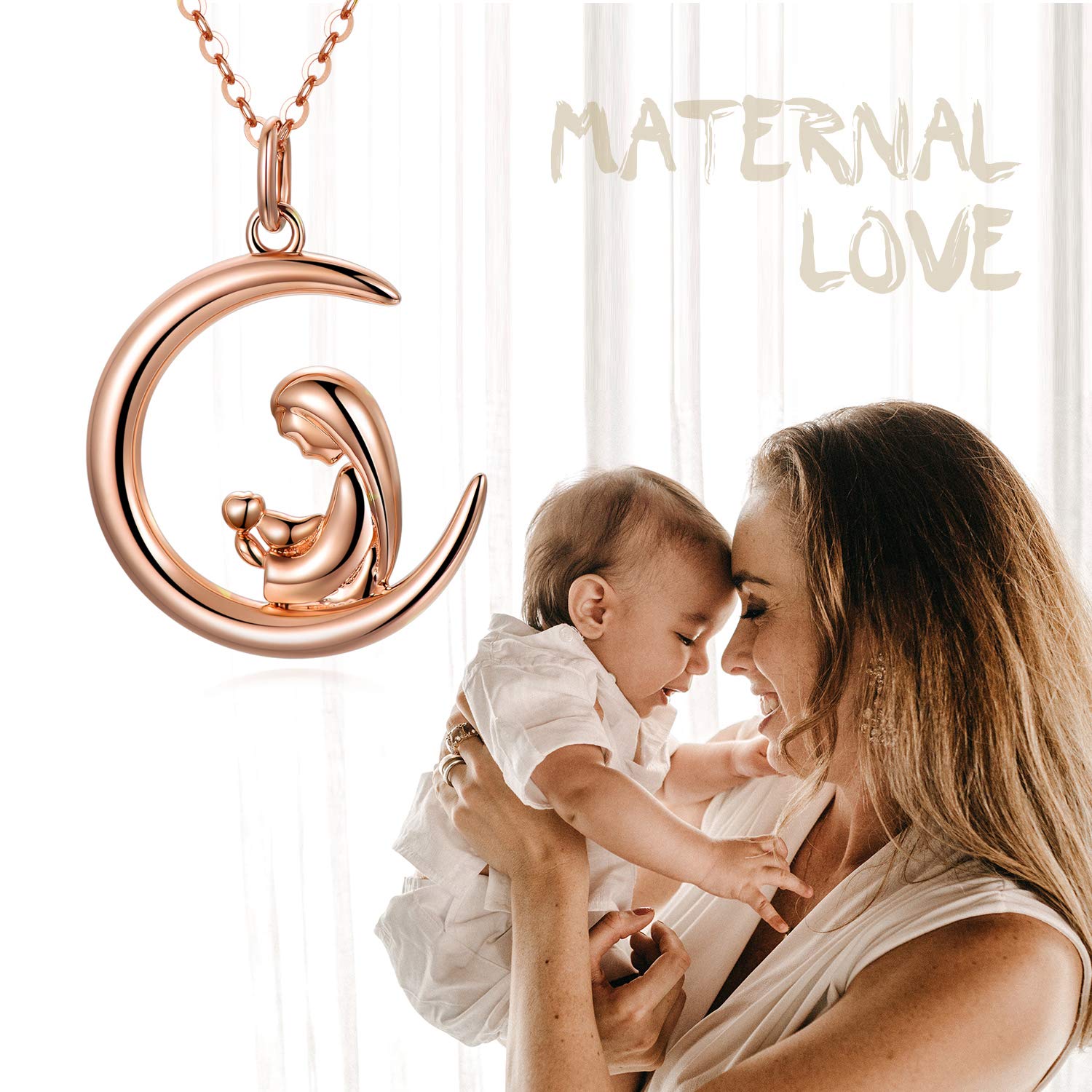 14K Gold Mother Necklace for Women - Elegant Crescent Moon Pendant with Mother & Child Design, 16
