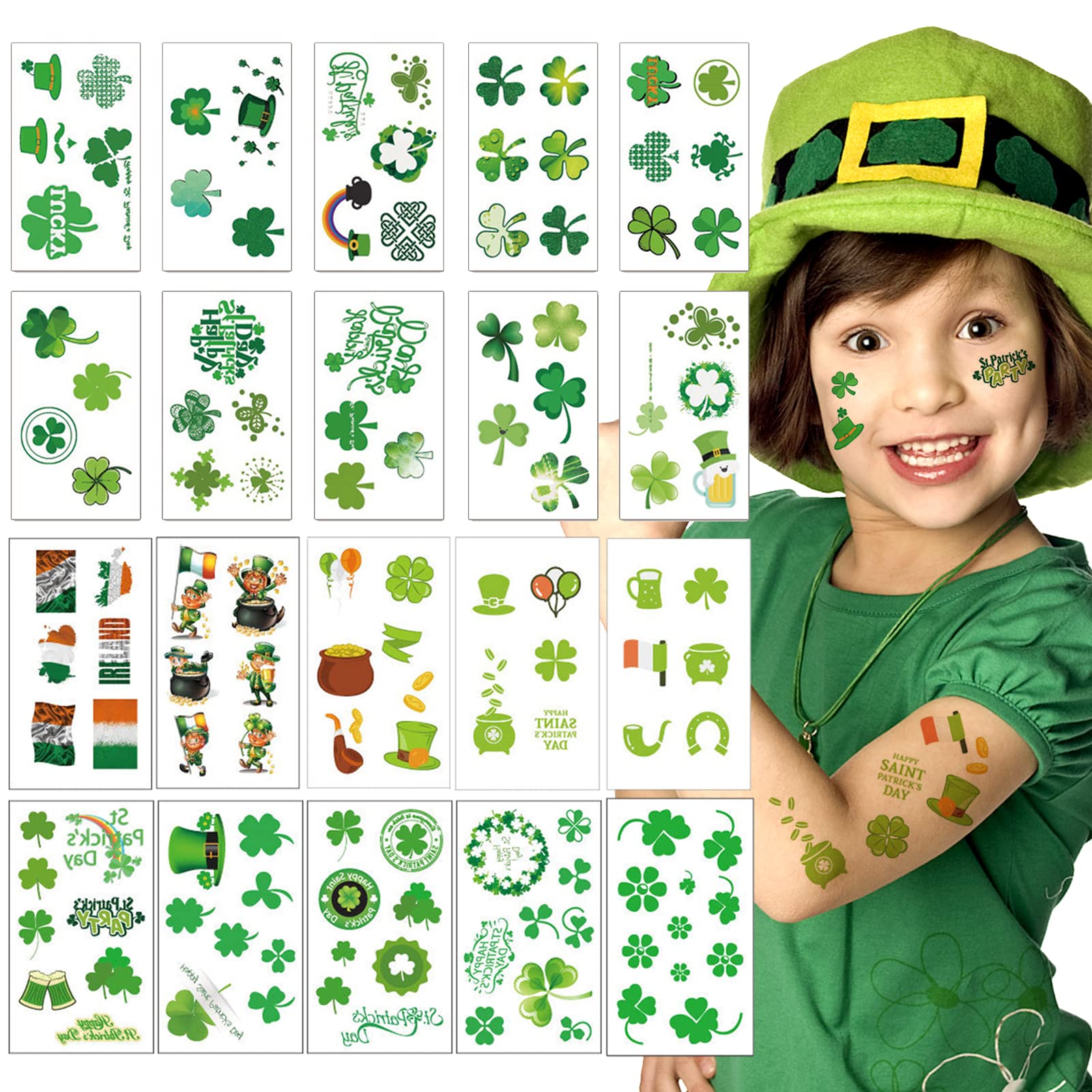 20 Unique Shamrock St. Patrick's Day Temporary Tattoos for Kids - Irish Party Favors, Face & Body Stickers for Parades, Festivals & Celtic Celebrations