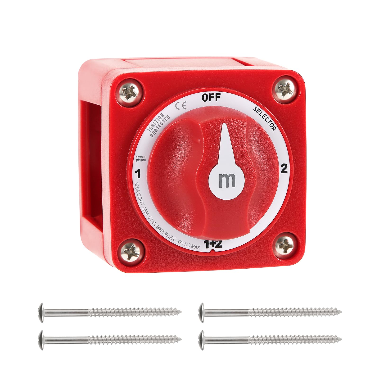 6007 m-Series 4 Position Marine Battery Disconnect Switch (1-1+2-2-Off) - Heavy Duty Boat Battery Selector for Car, RV, Trailer - Red - Perfect for Marine Power Management & Vehicle Electrical Systems